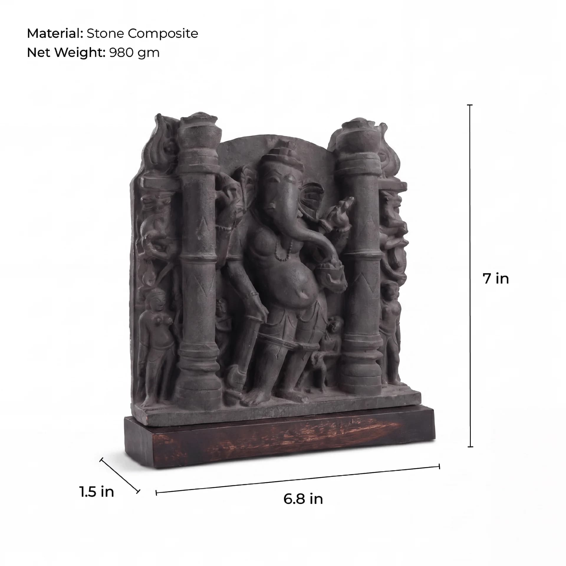 A three-quarter view of the Vinayaki Sculpture, a stone composite museum replica showing intricate temple iconography and dimensions.