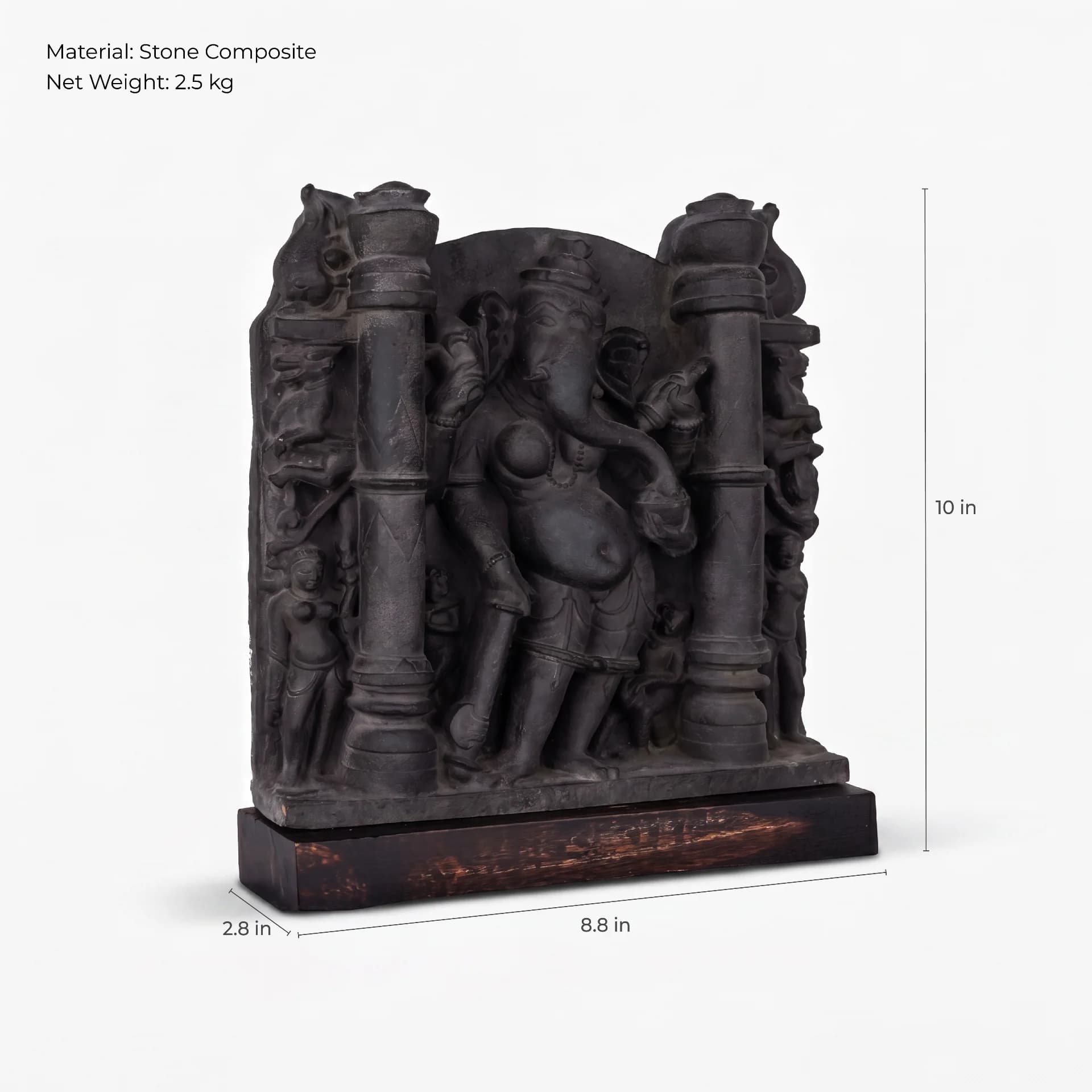The Vinayaki Sculpture museum replica shown in a three-quarter view, featuring detailed stone composite carvings with measurement annotations.