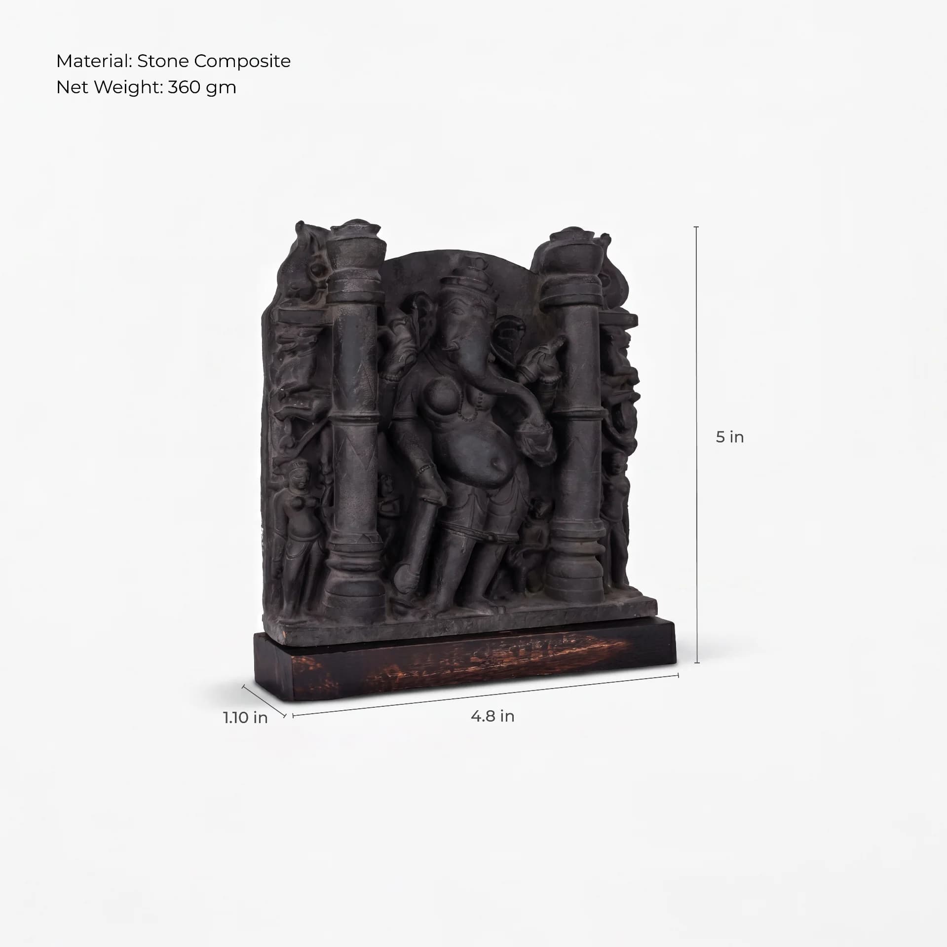 A three-quarter view of the Vinayaki Sculpture museum replica, showing its stone composite texture and annotated physical dimensions.