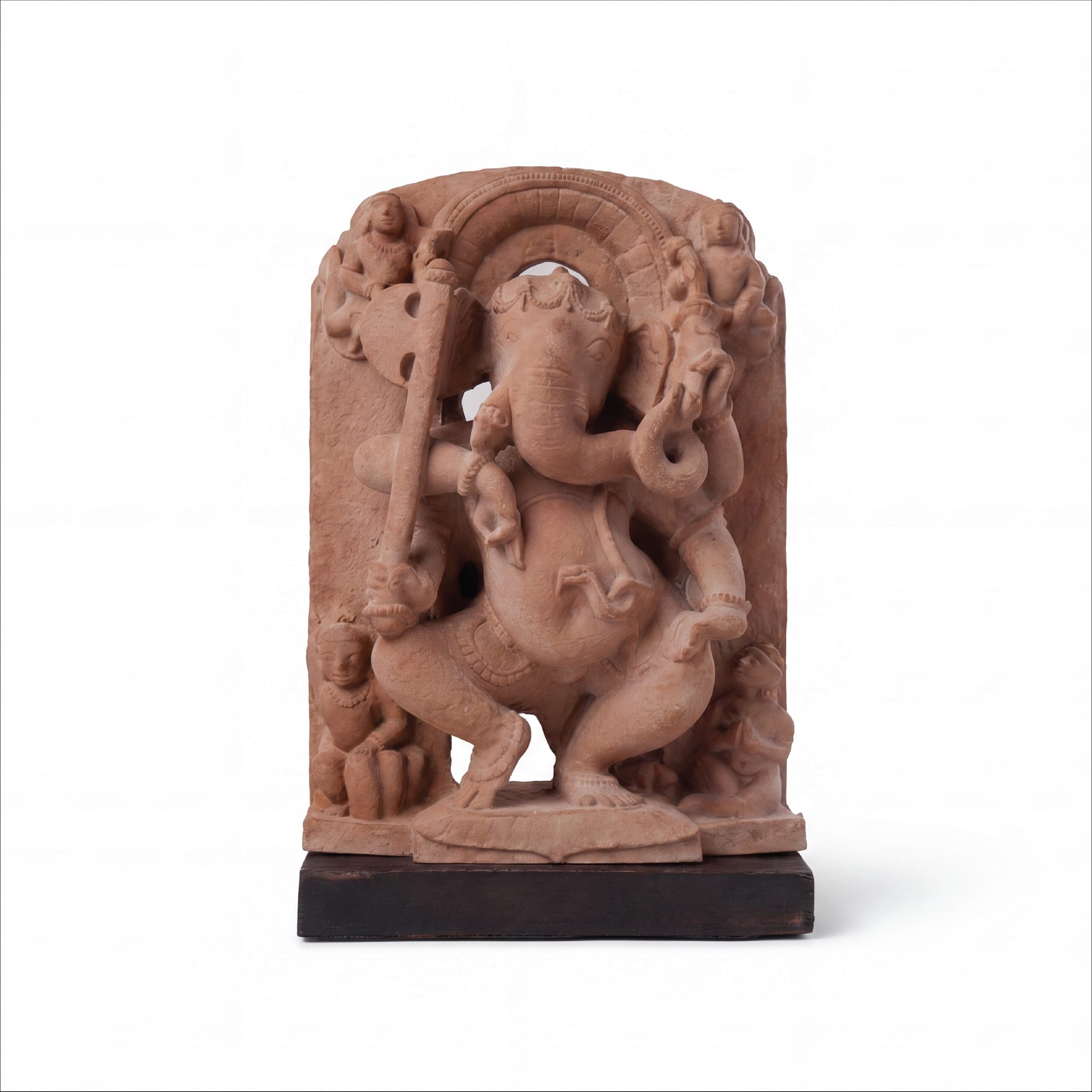A front-facing view of the Ganesha Sculpture, a handcrafted sandstone replica featuring intricate 10th-century temple art details on a wooden base.