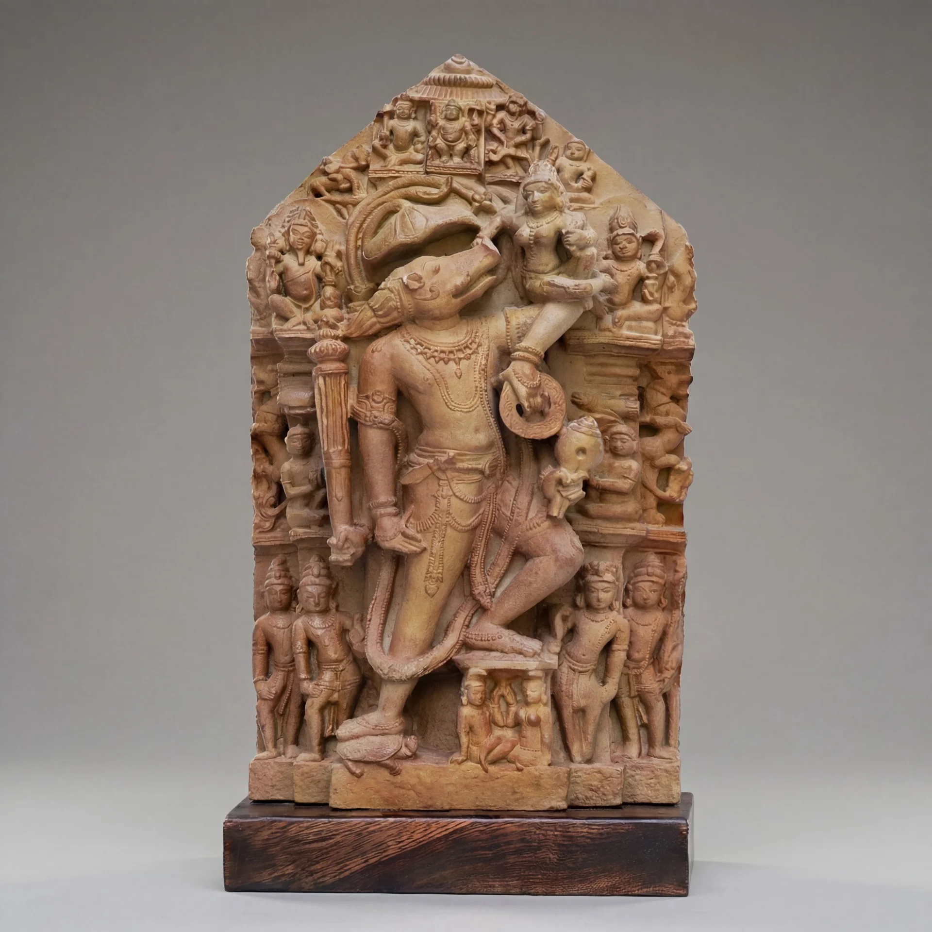 A full front view of the Nar Varaha Sculpture, a stone composite replica showing the man-boar deity rescuing Bhudevi.