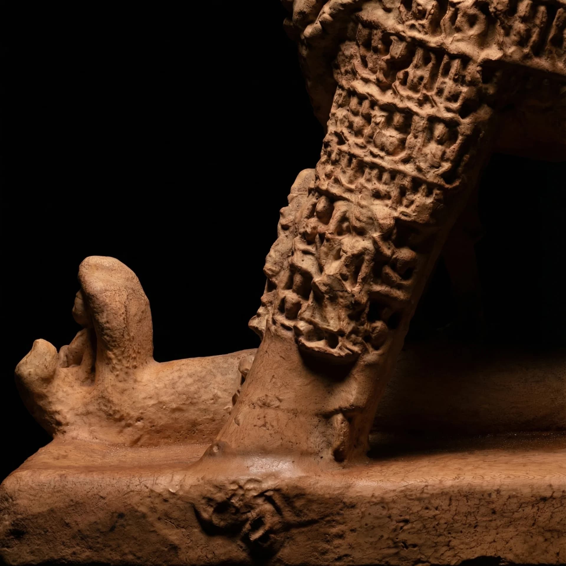 A close-up view of the Adi Varaha Sculpture showing intricate stone carvings on the leg against a dark background.