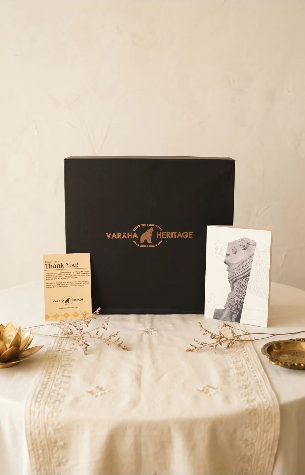 The Adi Varaha Sculpture arrives in elegant black packaging, accompanied by a thank you note and an illustrated heritage card.