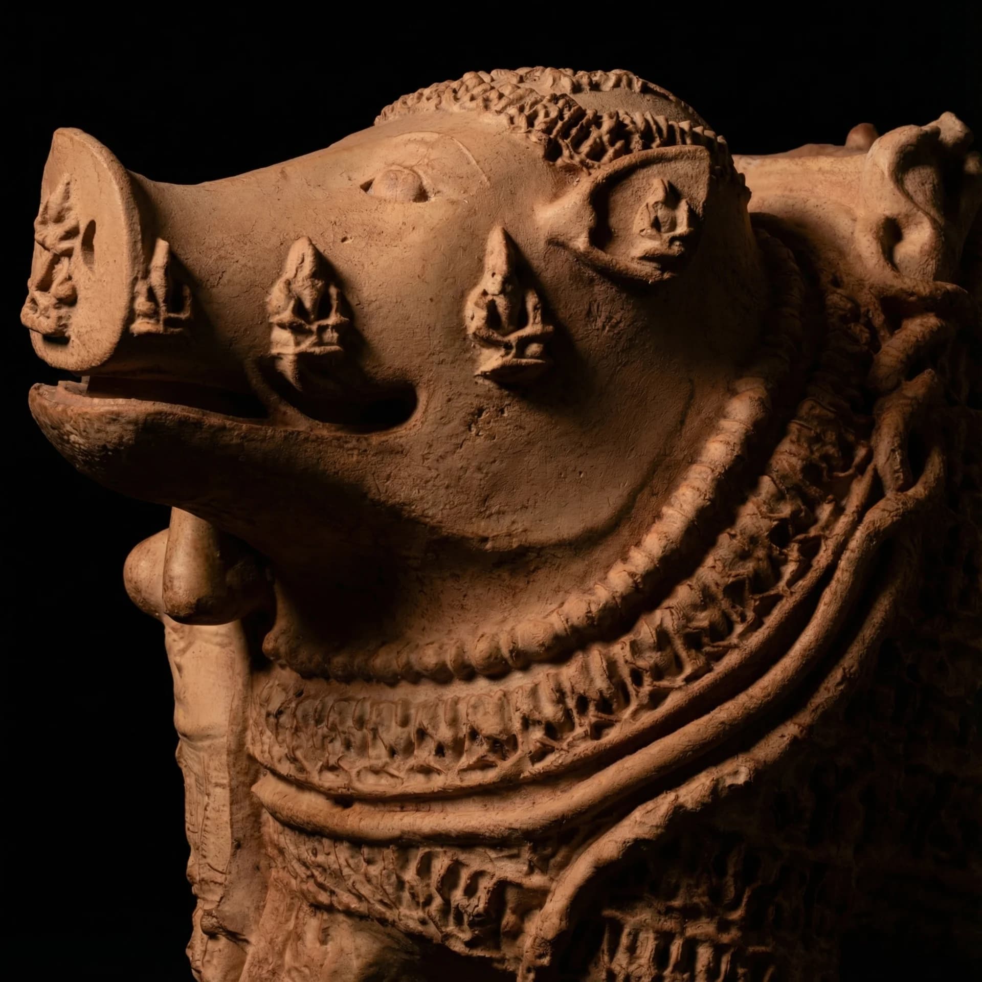 A close-up side profile of the Adi Varaha Sculpture, showing intricate terracotta-style carvings of deities on the boar's face.