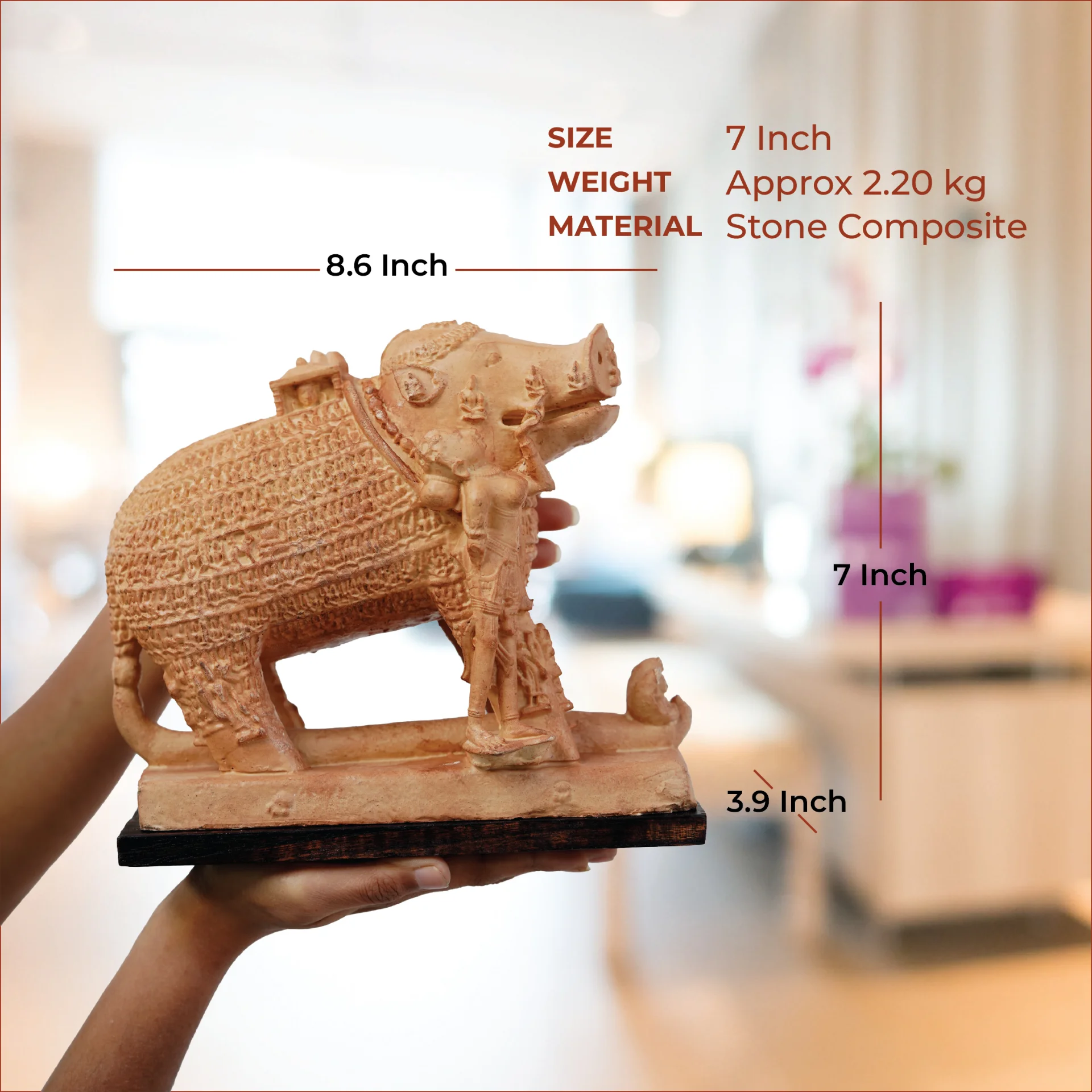 A person holds an Adi Varaha Sculpture replica made of stone composite, showing dimensions and intricate 9th-century detailing.