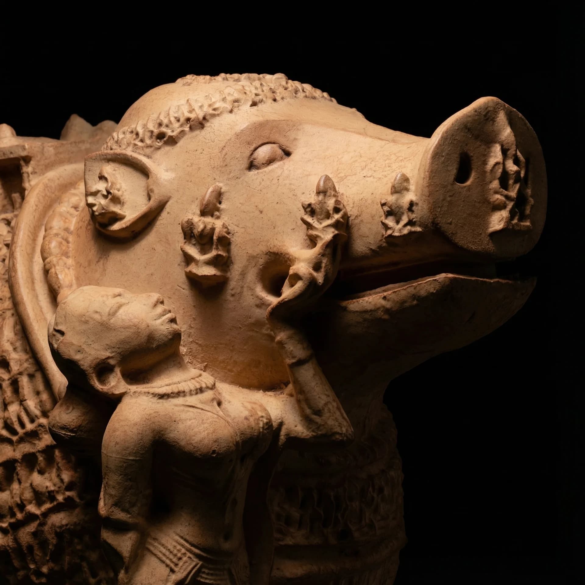 A detailed side-profile view of the Adi Varaha Sculpture, featuring intricate sandstone-style carvings of the deity and Bhudevi.