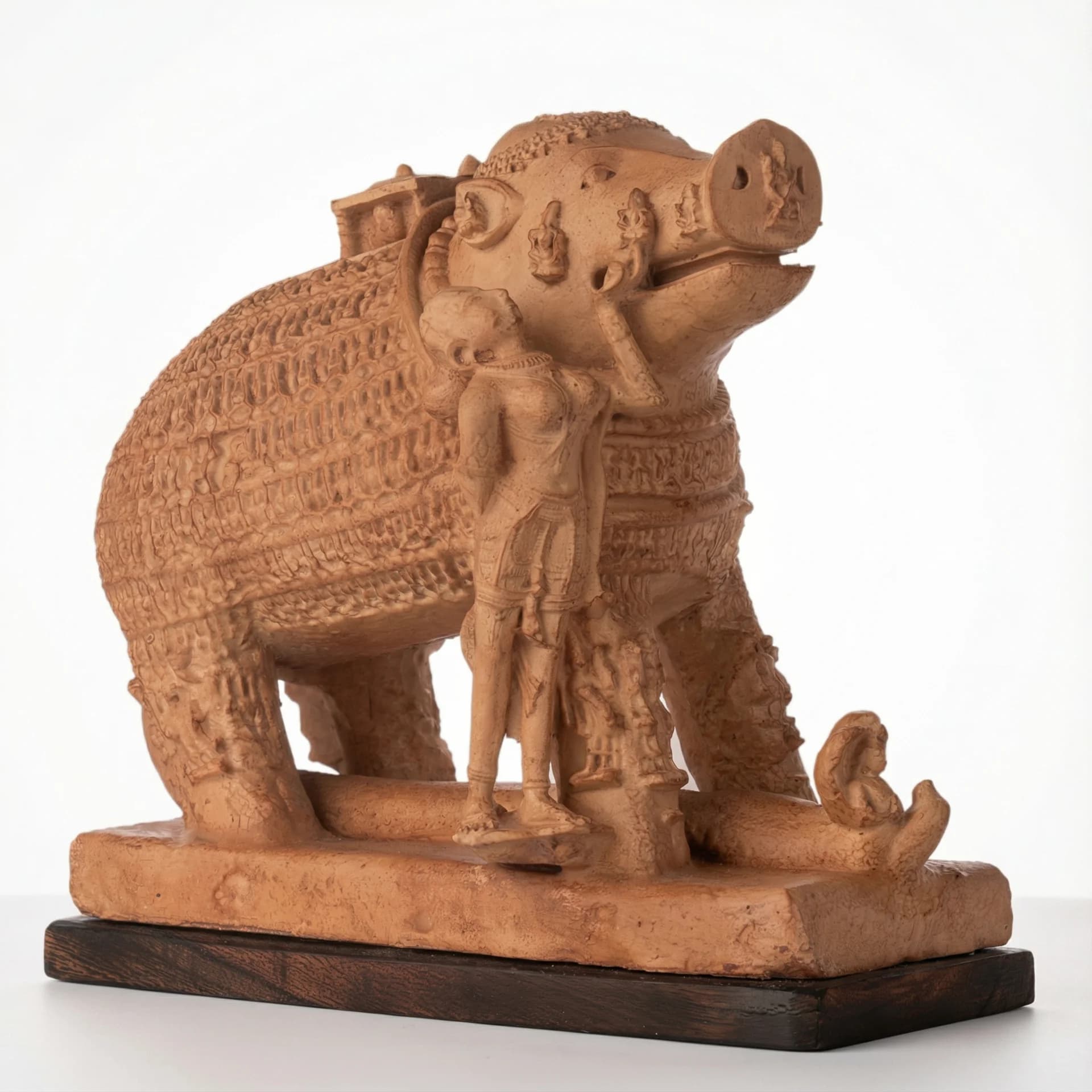 A three-quarter view of the Adi Varaha Sculpture, featuring intricate sandstone-style carvings of the boar avatar and Bhudevi.