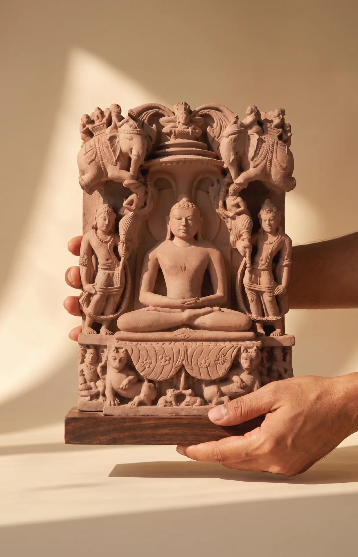 Hands hold an Adinath Sculpture, a stone composite museum replica featuring intricate carvings of a seated Jain Tirthankara.