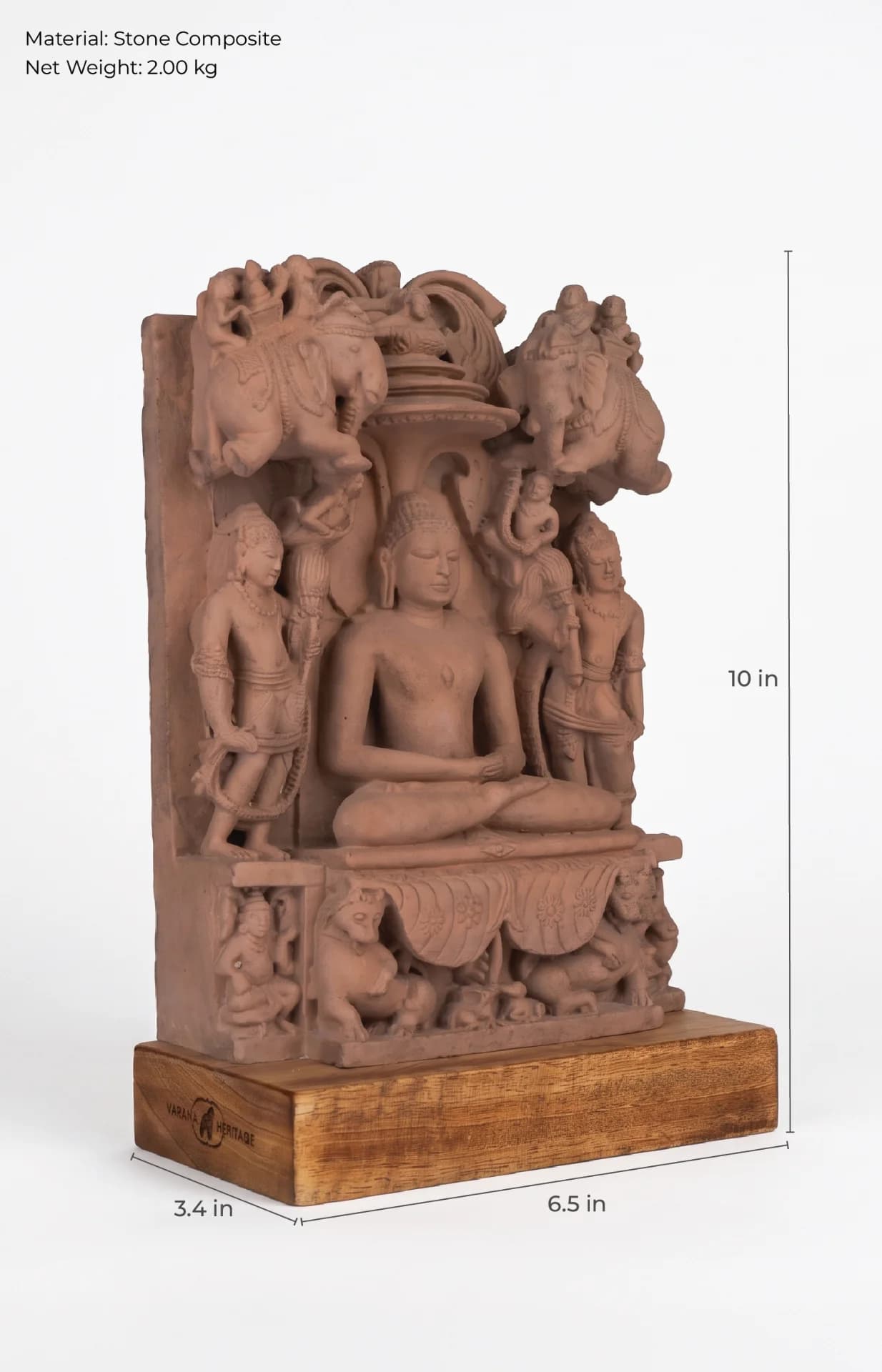 A three-quarter view of the Adinath Sculpture, a stone composite museum replica showing intricate carvings on a wooden base.