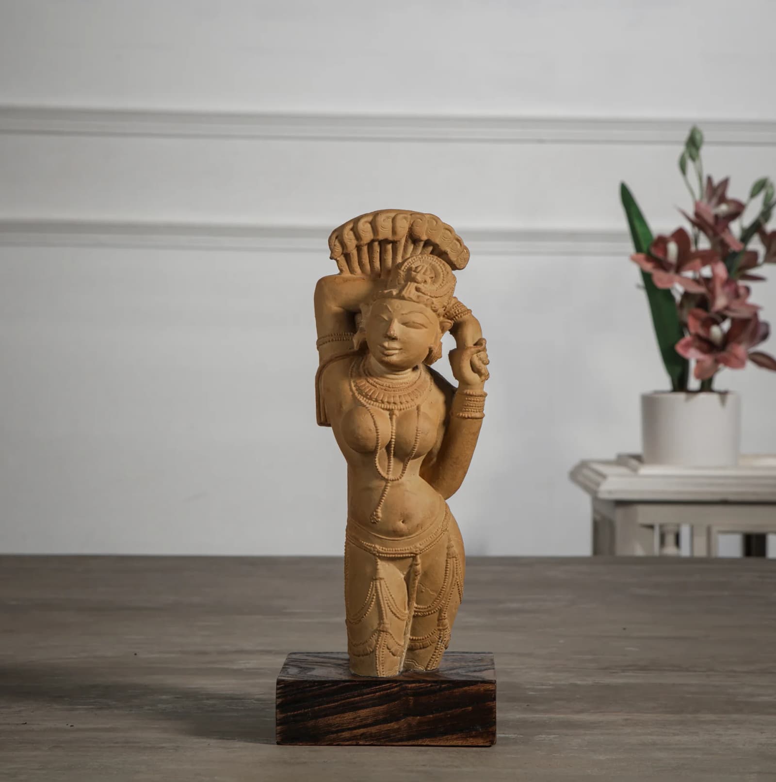 A front-facing view of the Alasa Nayika Sculpture, a sandstone-finish replica featuring intricate traditional Indian temple carvings.
