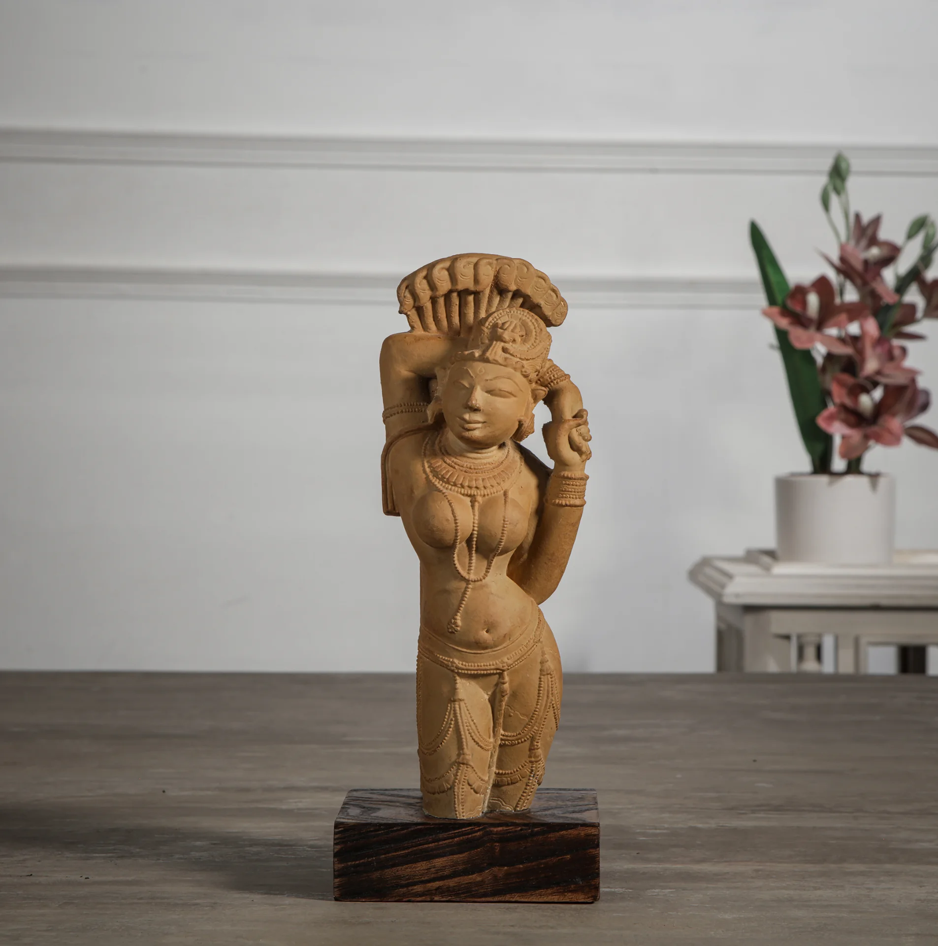 A front-facing view of the Alasa Nayika Sculpture, a sandstone-finish replica featuring intricate traditional Indian temple carvings.