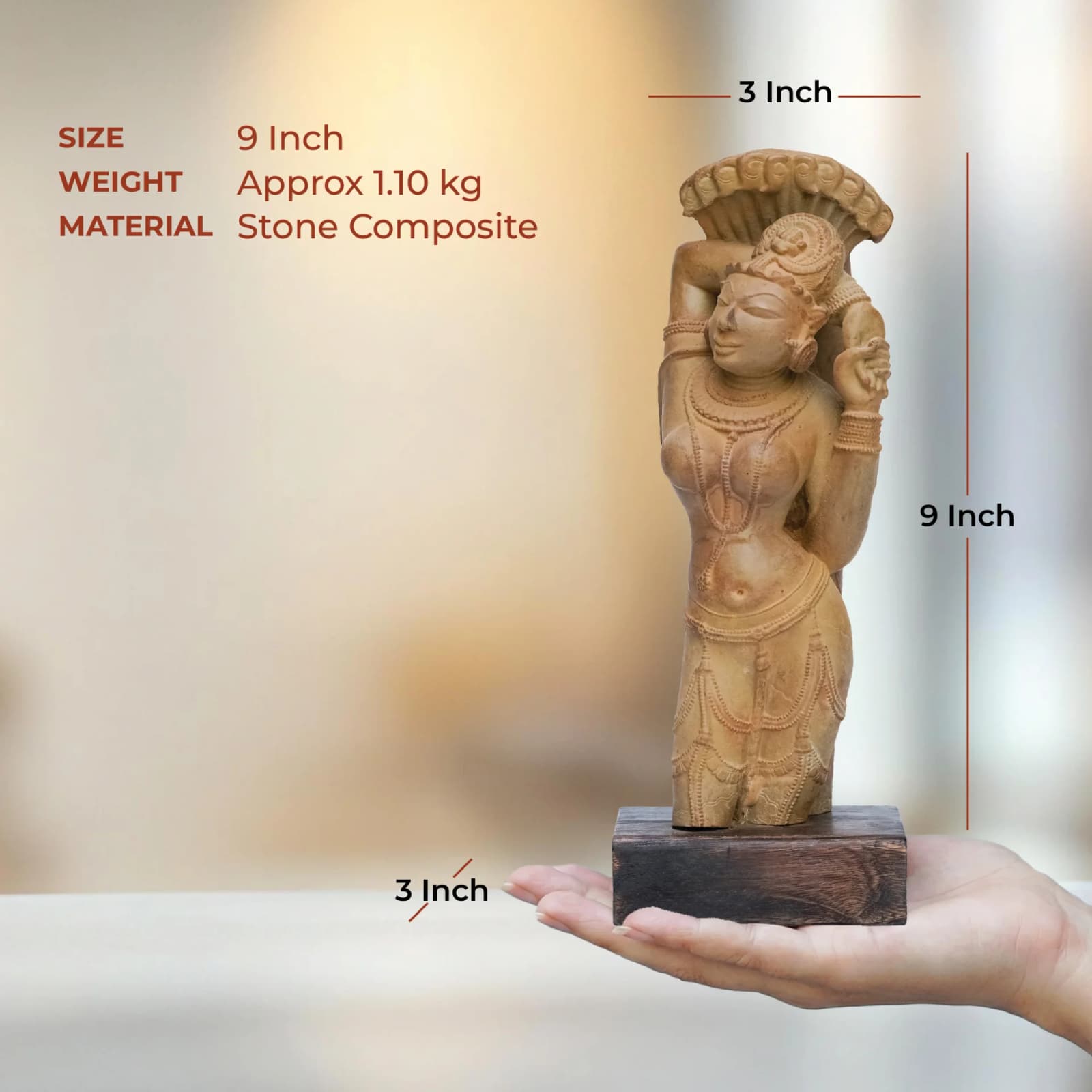 A hand holds the Alasa Nayika Sculpture, a stone composite replica showing dimensions of nine inches height and three inches width.