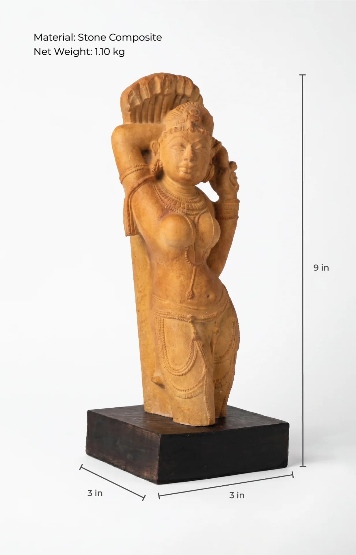 The Alasa Nayika Sculpture replica in stone composite, shown from a three-quarter angle with height and width dimension markers.