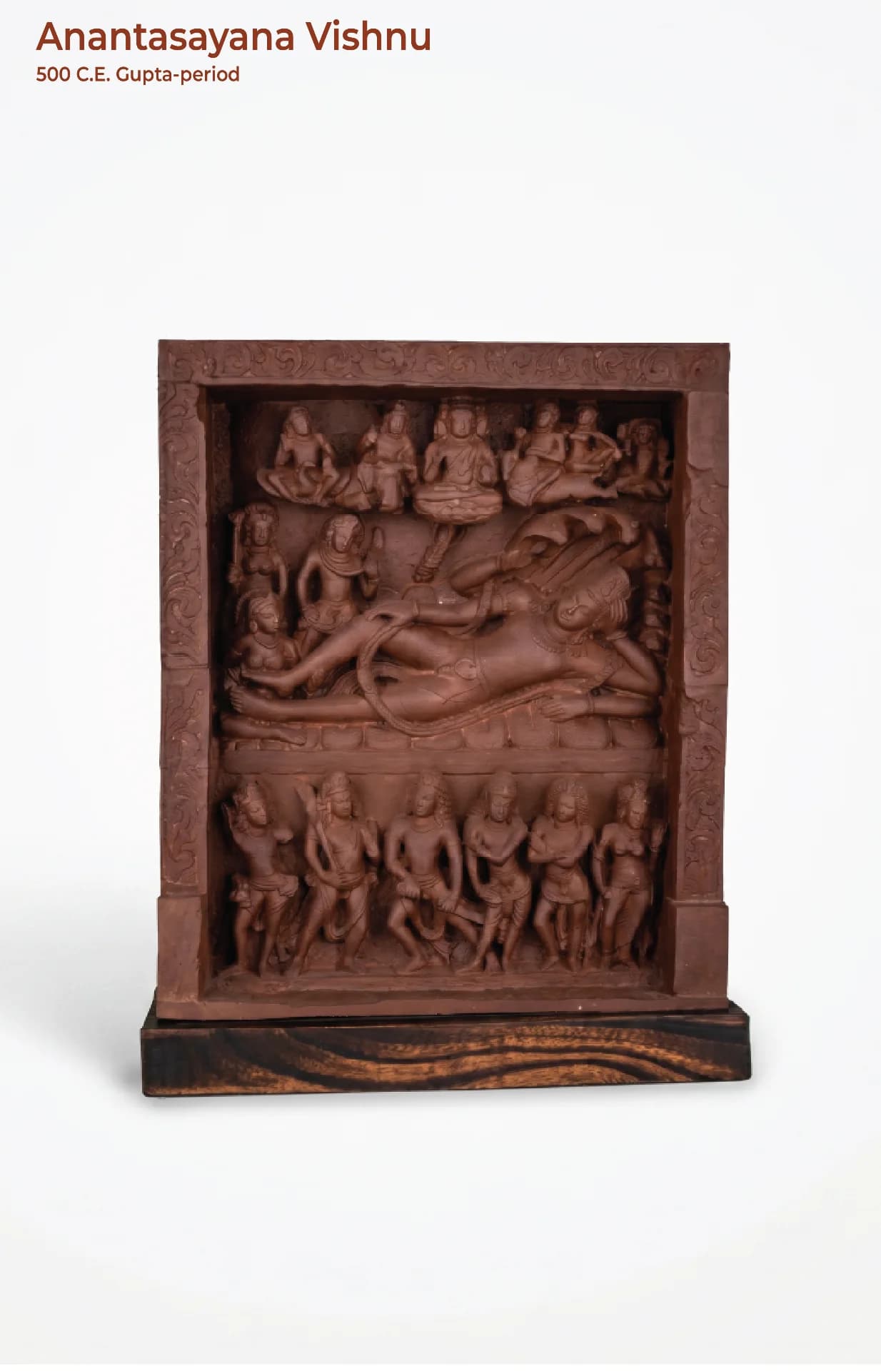 A front-facing view of the Anantasayana Vishnu Sculpture, a detailed stone-finish replica featuring intricate Gupta-period relief carvings.
