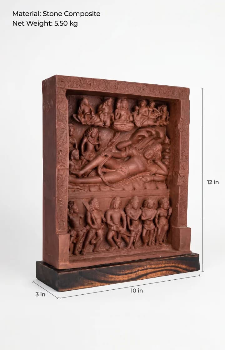 An Anantasayana Vishnu Sculpture replica in stone composite, showing intricate Gupta-era relief carvings of deities on a wooden base.