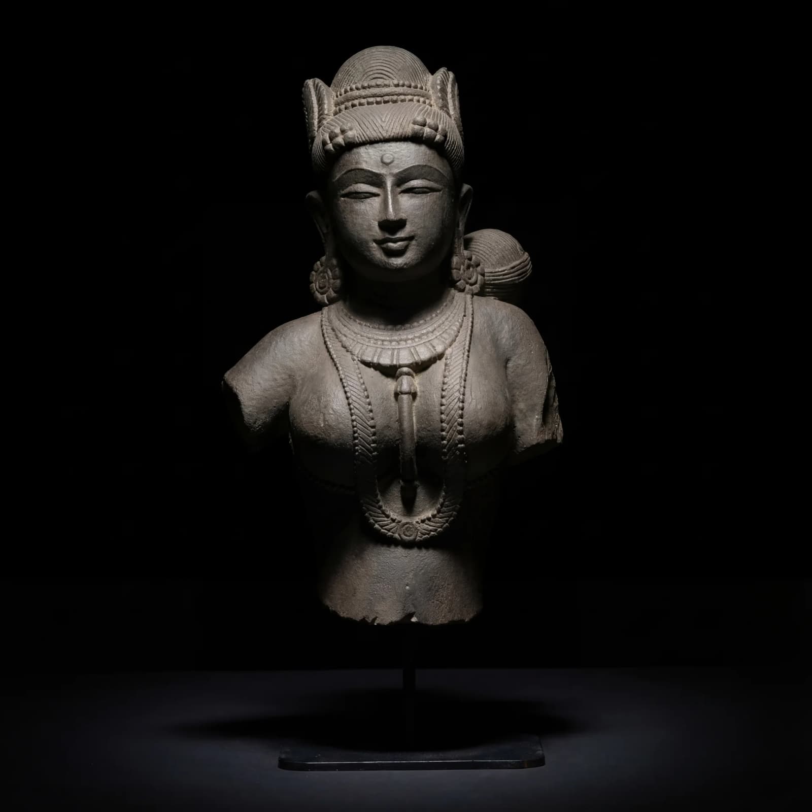 A front view of the Female Figure Bust Sculpture, showcasing intricate Chola style craftsmanship in hand-finished stone composite.