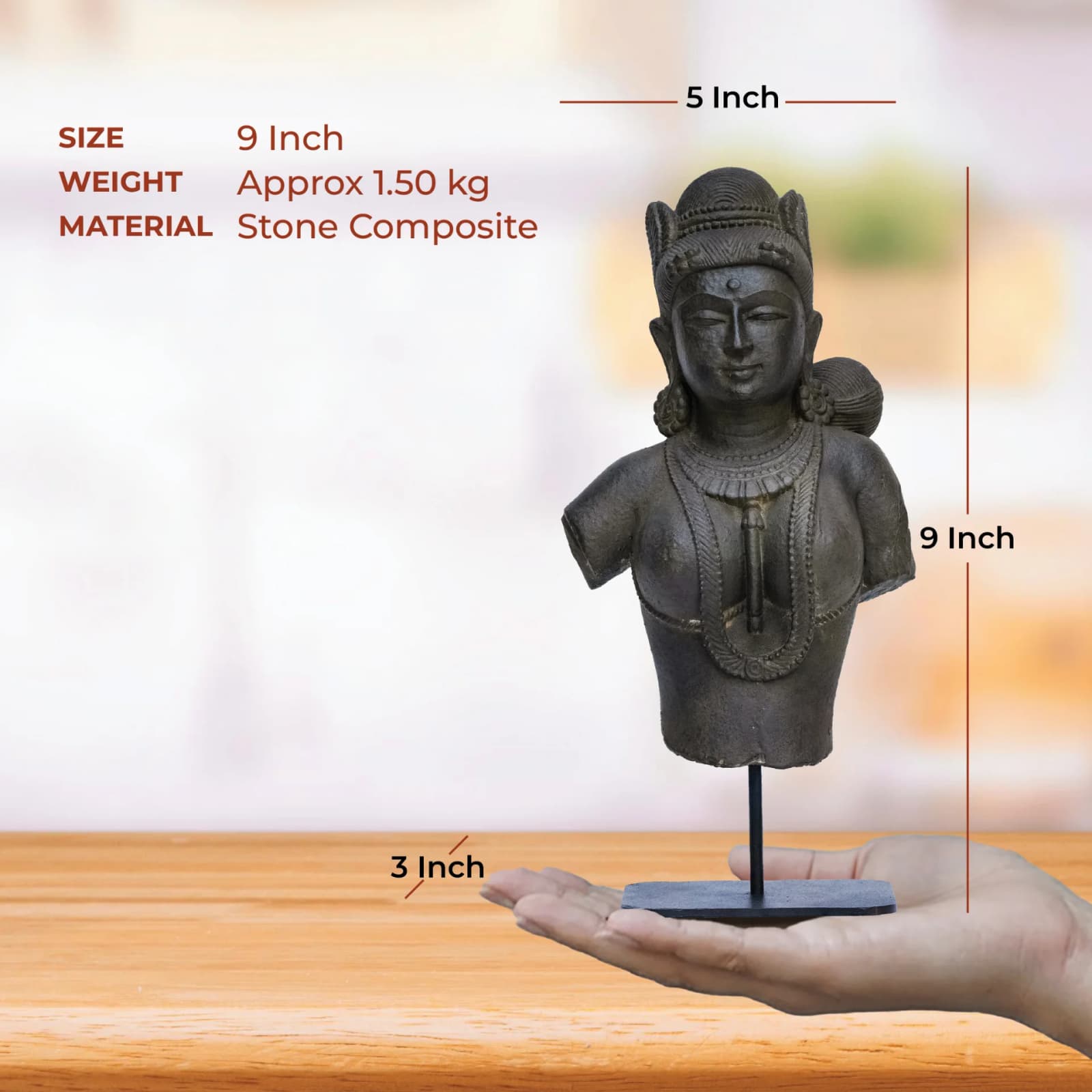 A hand holds the Female Figure Bust Sculpture, a stone composite Chola style replica, showing its scale and dimensions.