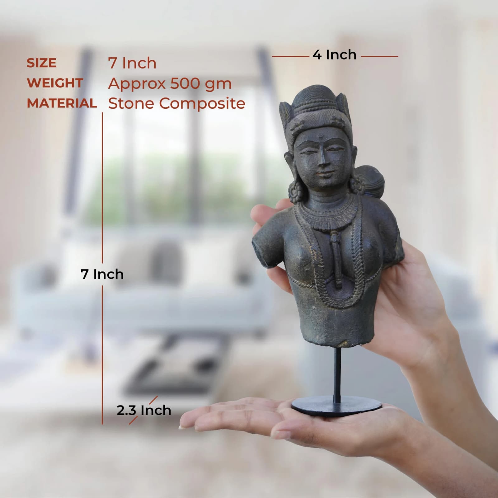 A person holding the Female Figure Bust Sculpture, showing its stone composite texture and relative size dimensions.