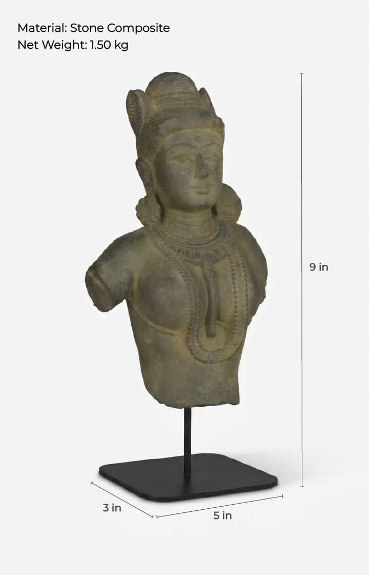 A Female Figure Bust Sculpture replica in stone composite shown from a three-quarter angle with measurement annotations.