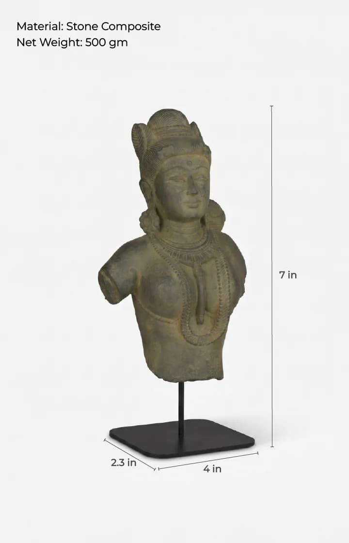 A Female Figure Bust Sculpture replica in stone composite, shown from a three-quarter angle with measurement annotations.