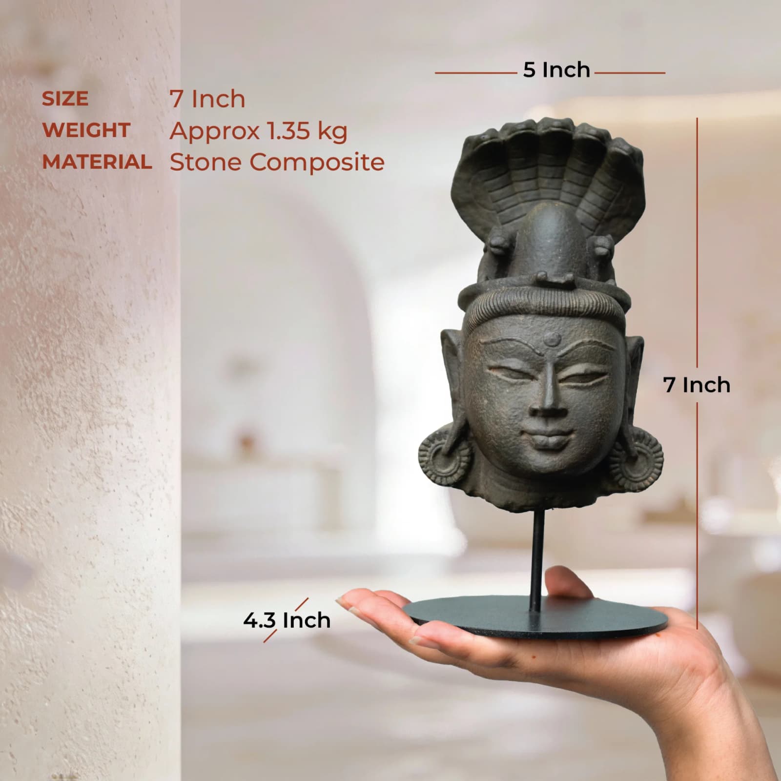 A hand holds a stone composite Shiva Lingam with Nandi & Serpent replica, showing dimensions and weight specifications.