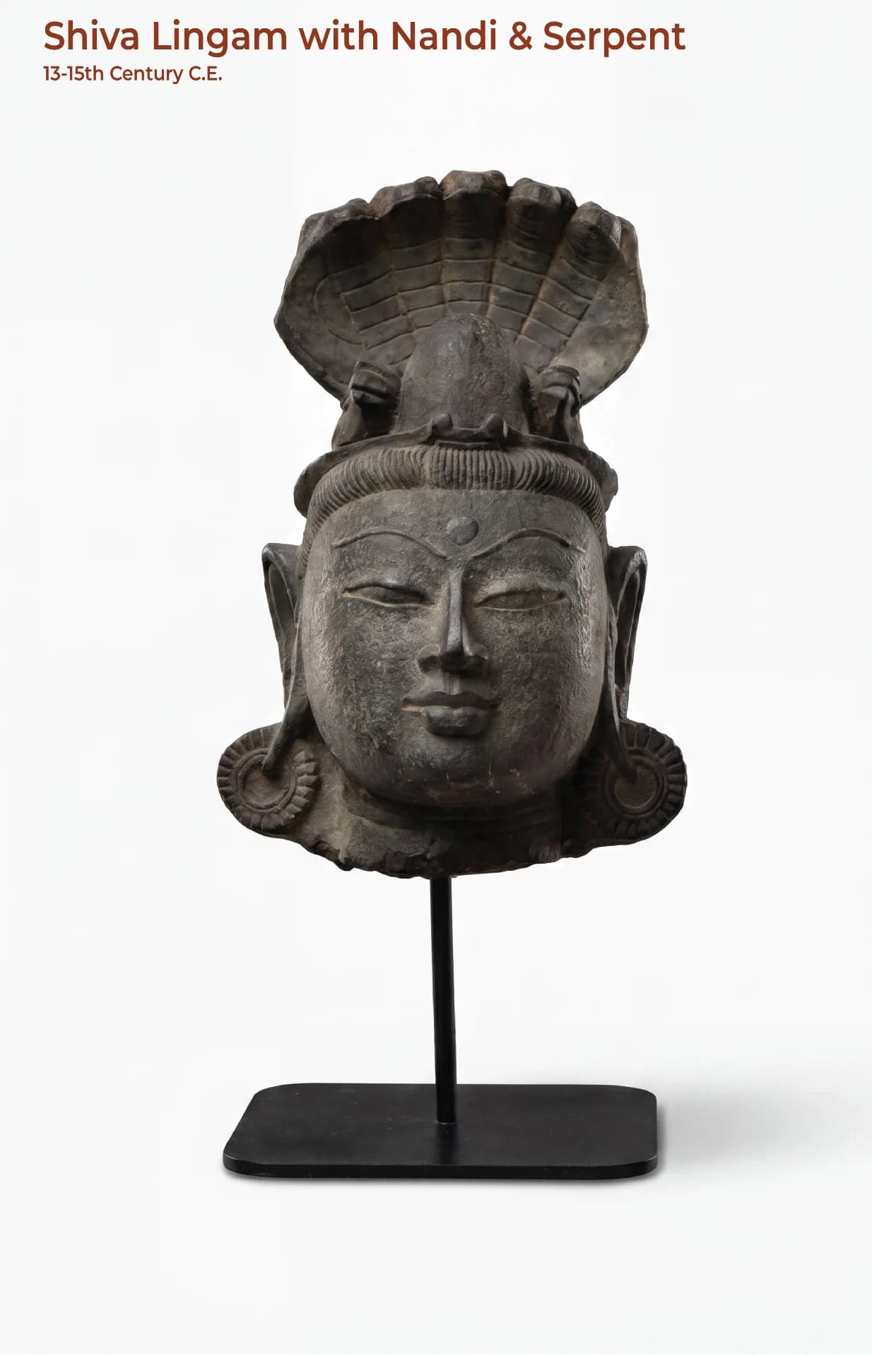 A front-facing studio shot of the Shiva Lingam with Nandi & Serpent replica, featuring intricate dark stone-like textures.