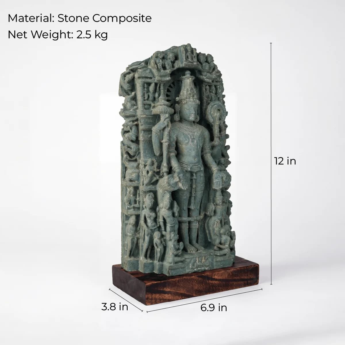 The Chaturbhuj Vishnu Sculpture in stone composite, shown from a three-quarter angle with overlaid height and width measurements.