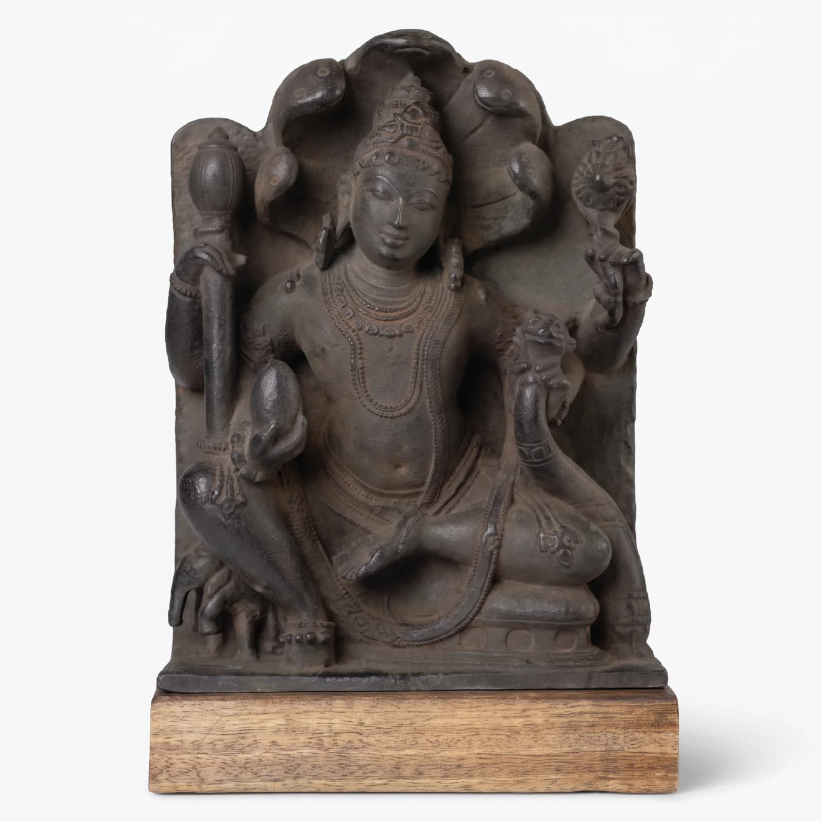 A front-facing view of the Dhan Kuber Statue, a hand-finished stone composite replica featuring intricate traditional Indian iconography.
