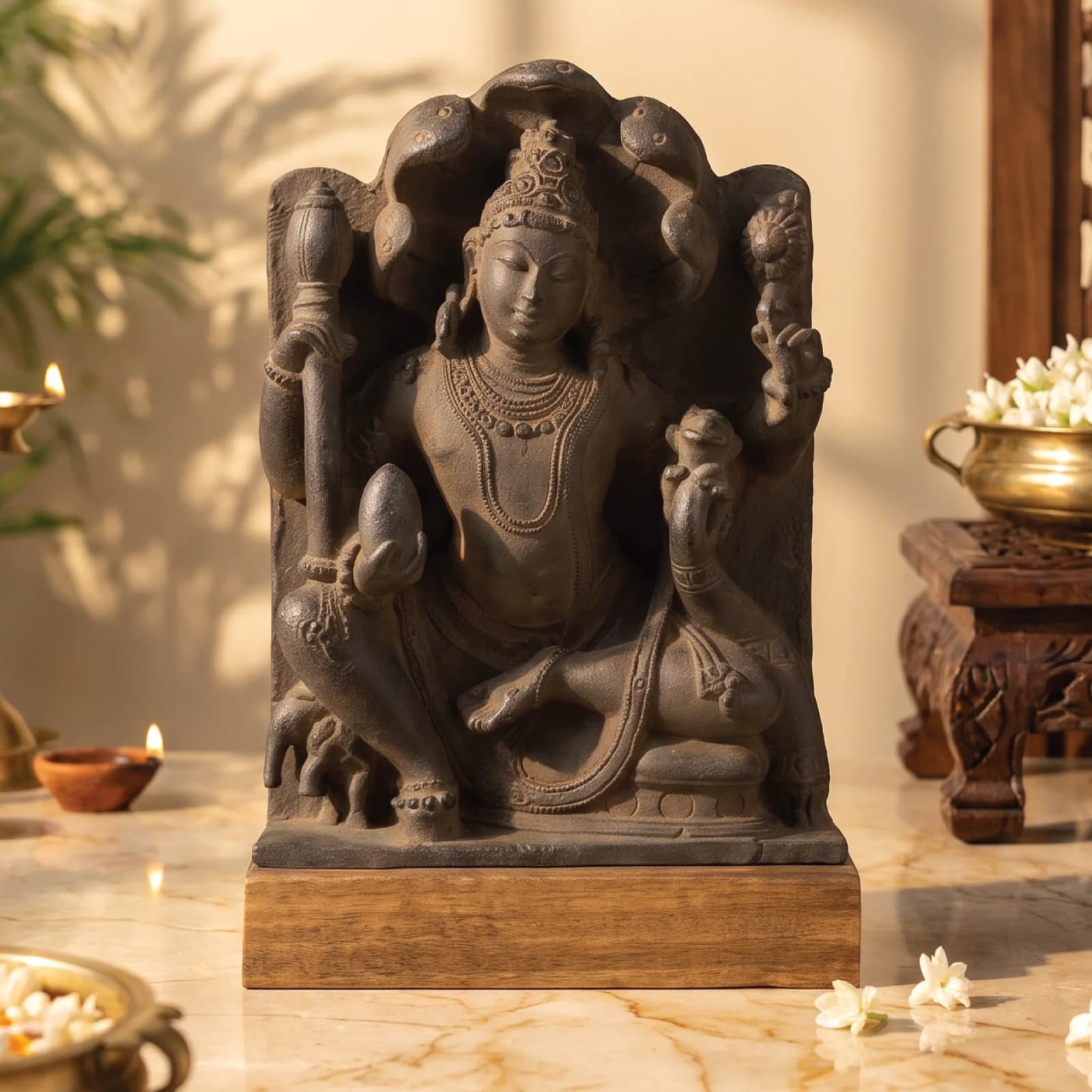 A front-facing view of the Dhan Kuber Statue for Home & Vastu, a hand-finished stone composite replica featuring ornate detailing.