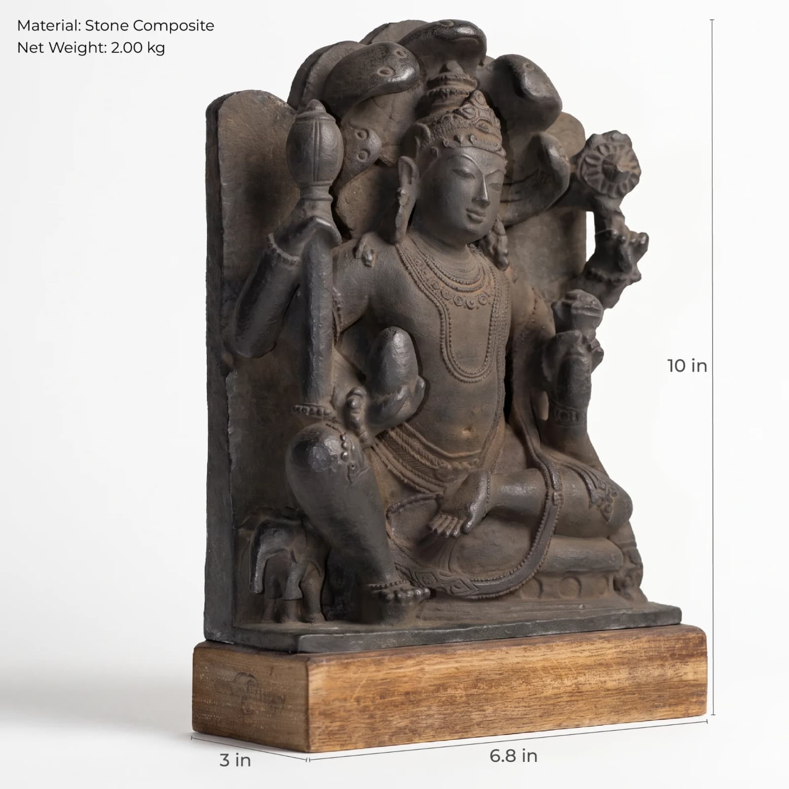 A three-quarter view of the Dhan Kuber Statue, a hand-finished stone composite replica featuring detailed carvings and dimensions.