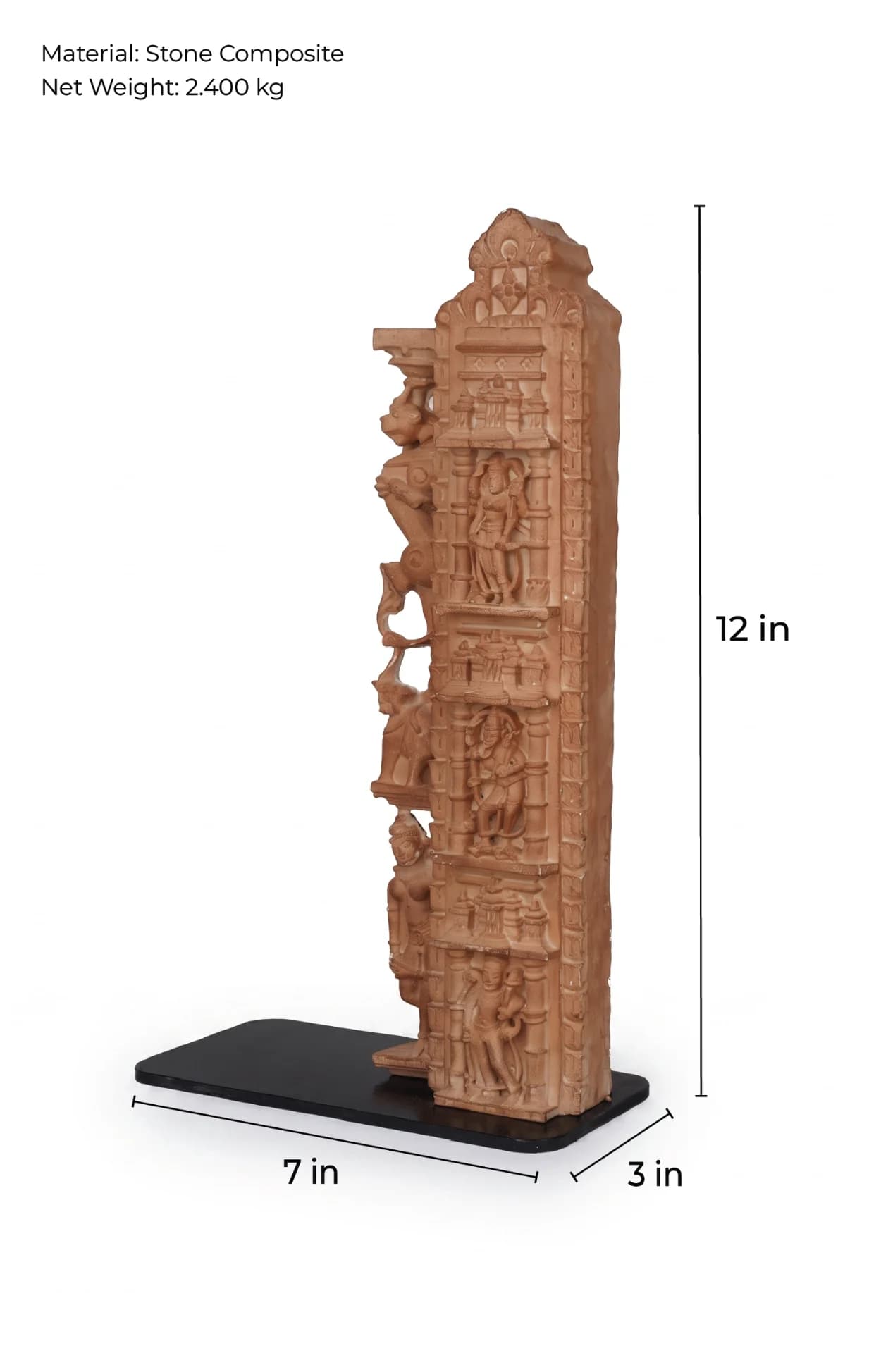 A three-quarter view of the Dwara Shakha Sculpture, a stone composite museum replica showing intricate temple carvings and dimensions.