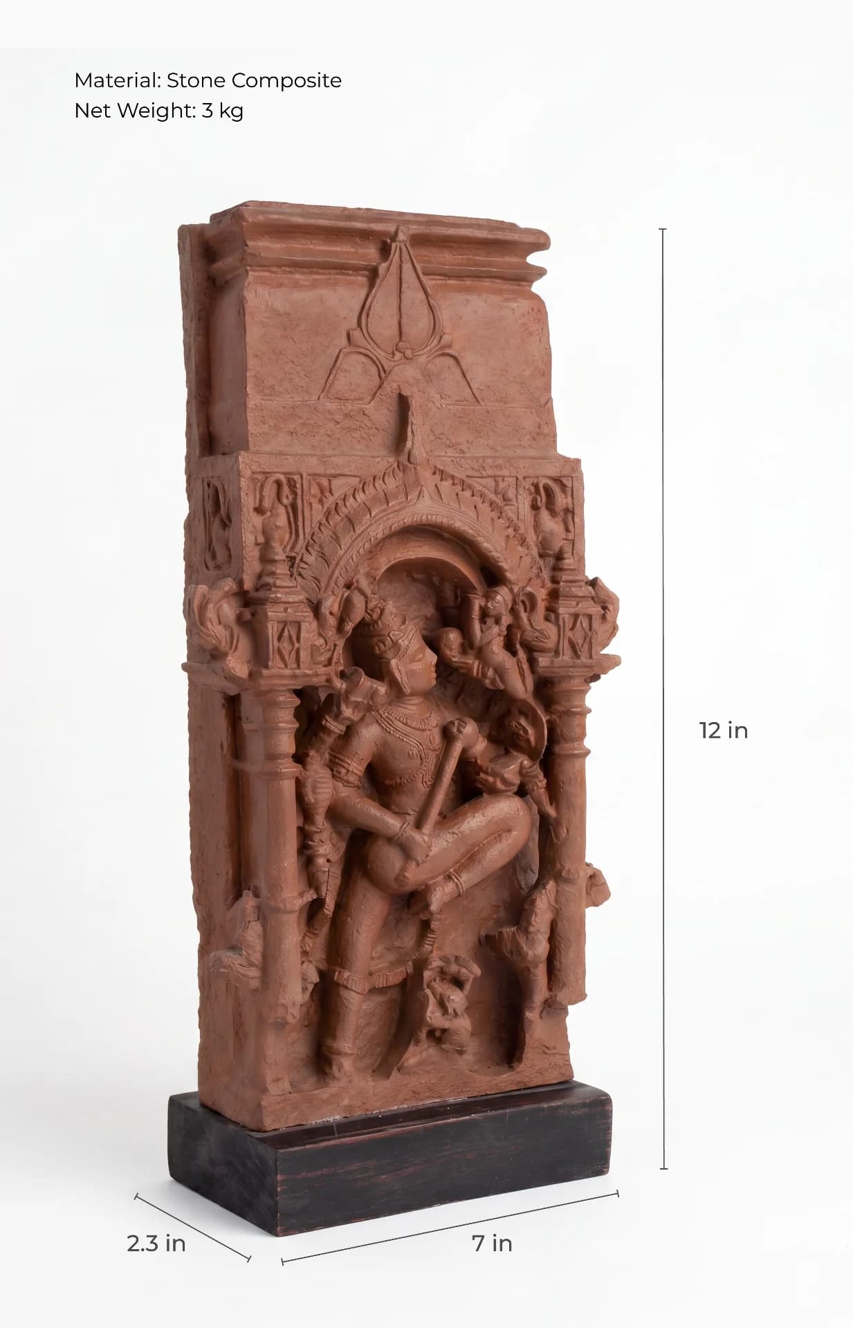A three-quarter view of the Gajasura Vadha Sculpture, a stone composite museum replica showing Shiva in a dynamic pose.