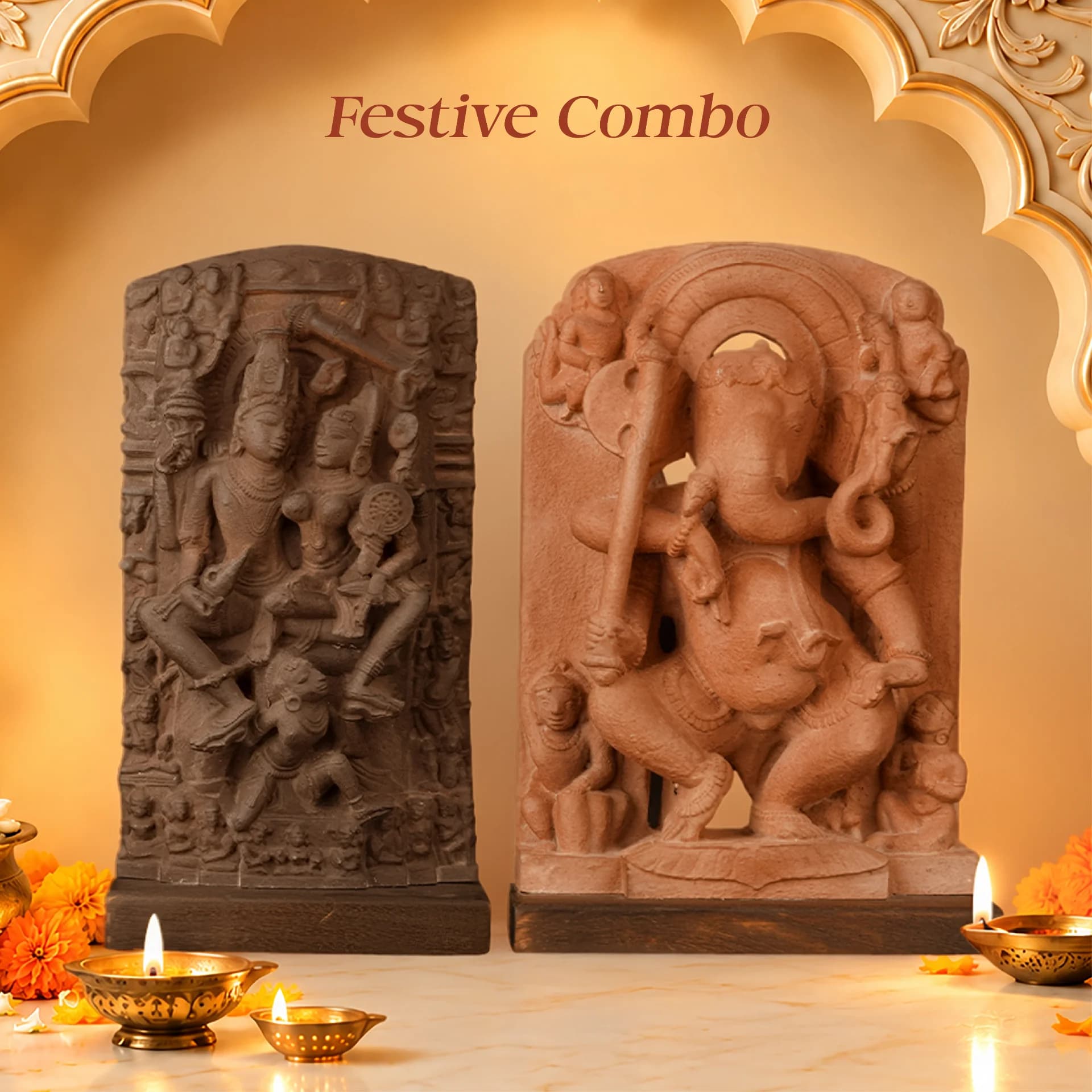 The Ganesha & Lakshmi Narayan Museum Masterpiece Replicas displayed as a stone-textured heritage set with warm festive lighting.