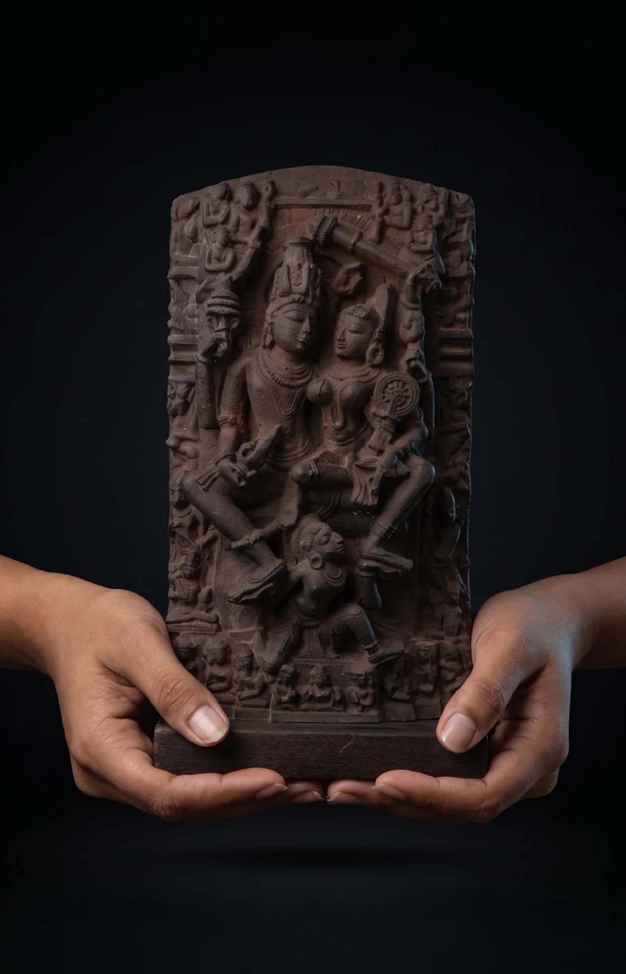 A pair of hands holding the Lakshmi Narayan Museum Masterpiece Replica, a detailed sandstone-style carving of the divine couple.