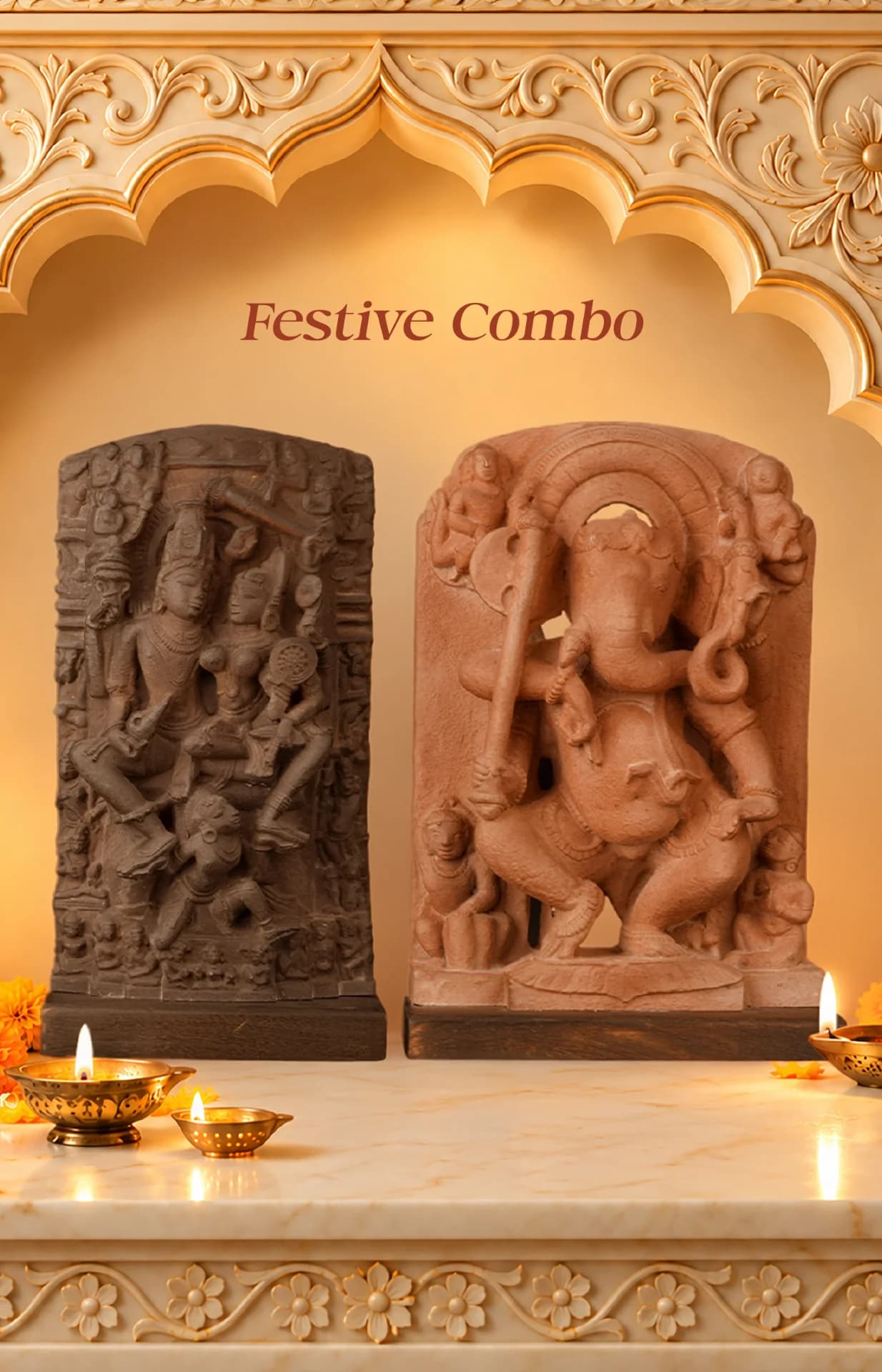 The Ganesha & Lakshmi Narayan Museum Masterpiece Replicas displayed as a festive combo with intricate sandstone-style carvings and oil lamps.