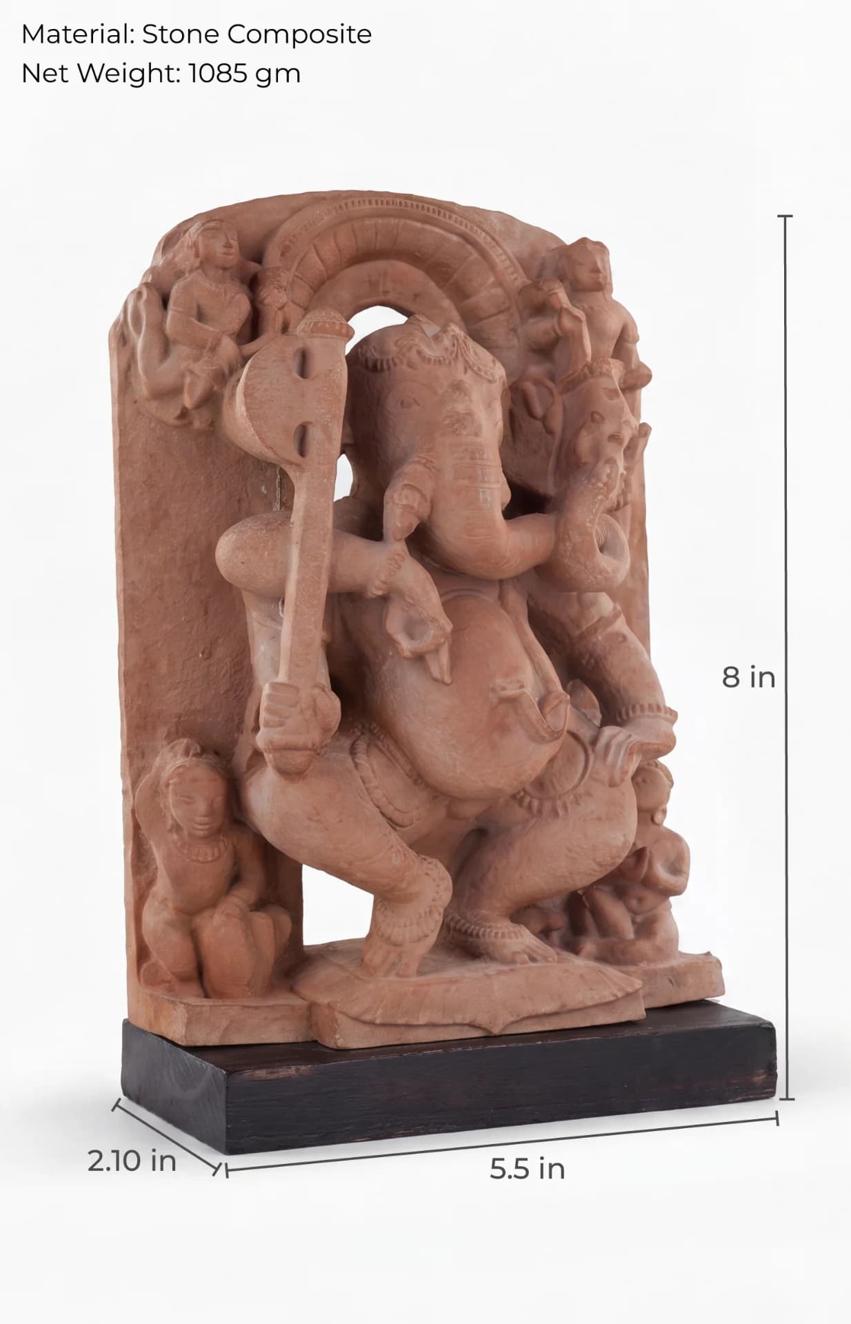 A stone composite Ganesha & Lakshmi Narayan Museum Masterpiece Replica showing the intricate dancing Ganesha sculpture with measurement annotations.