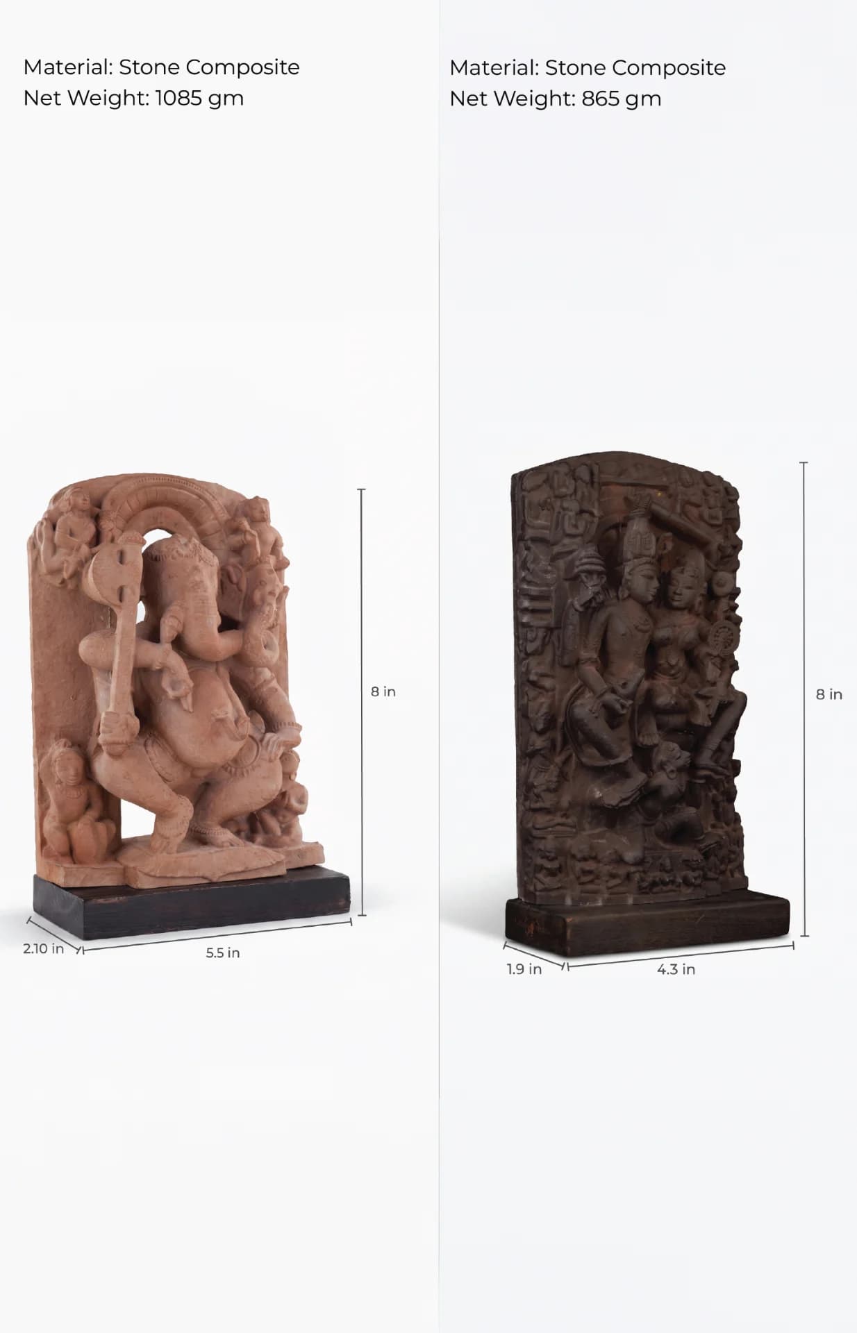 The Ganesha & Lakshmi Narayan Museum Masterpiece Replicas shown side-by-side with annotated dimensions on a stone composite finish.