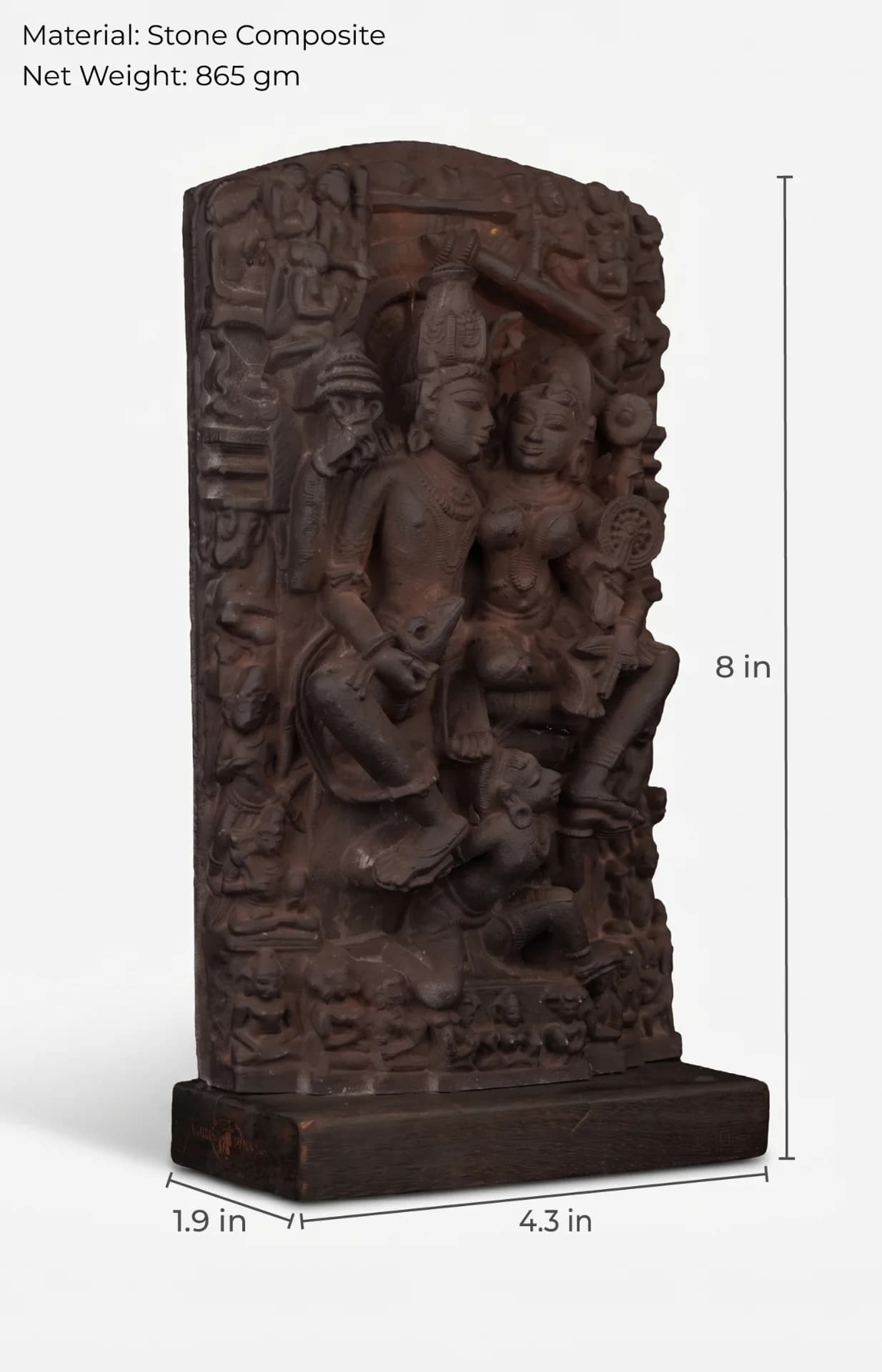 A stone composite Ganesha & Lakshmi Narayan Museum Masterpiece Replica showing detailed relief carvings with measurement labels for scale.