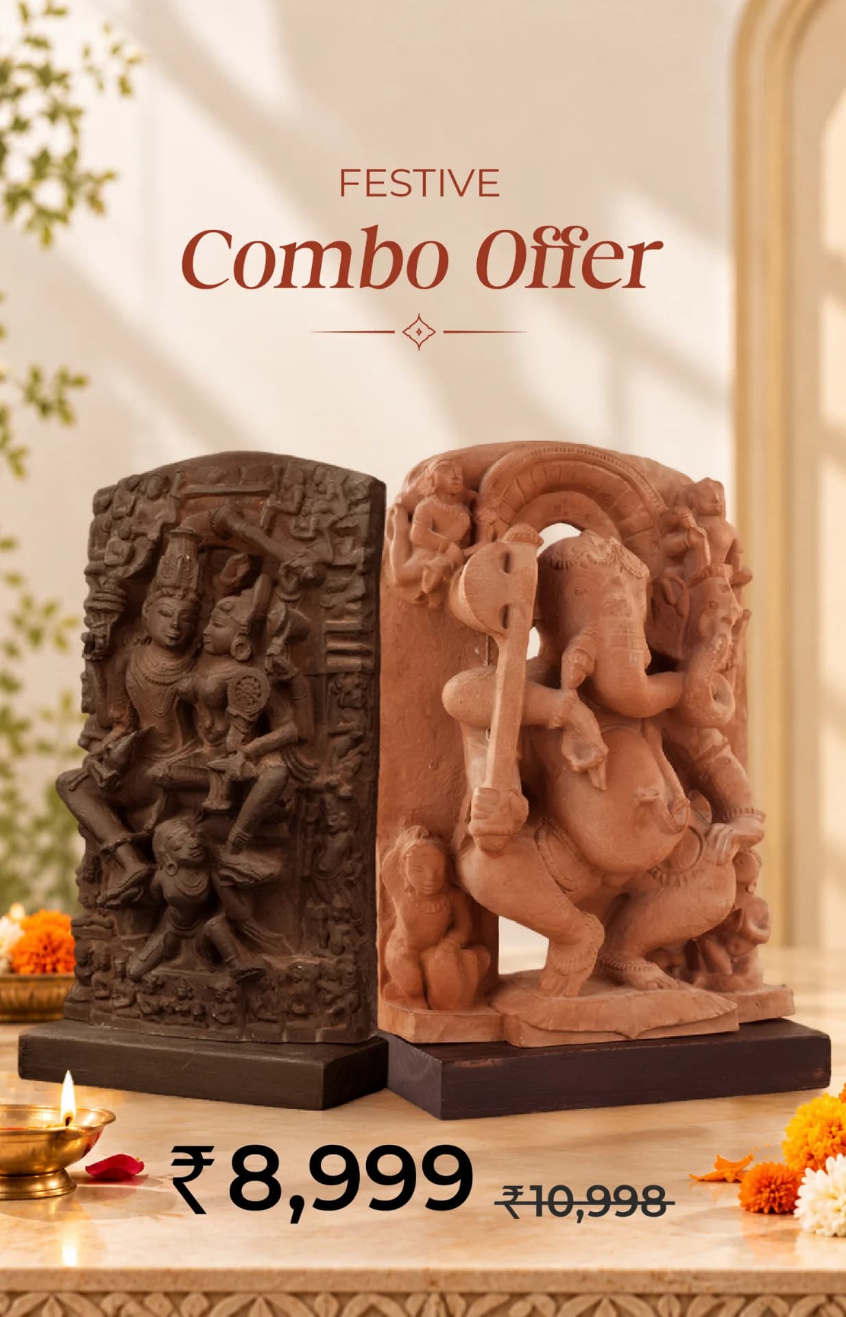 The Ganesha & Lakshmi Narayan Museum Masterpiece Replicas displayed together, featuring intricate sandstone-style carvings of Hindu deities for Diwali.