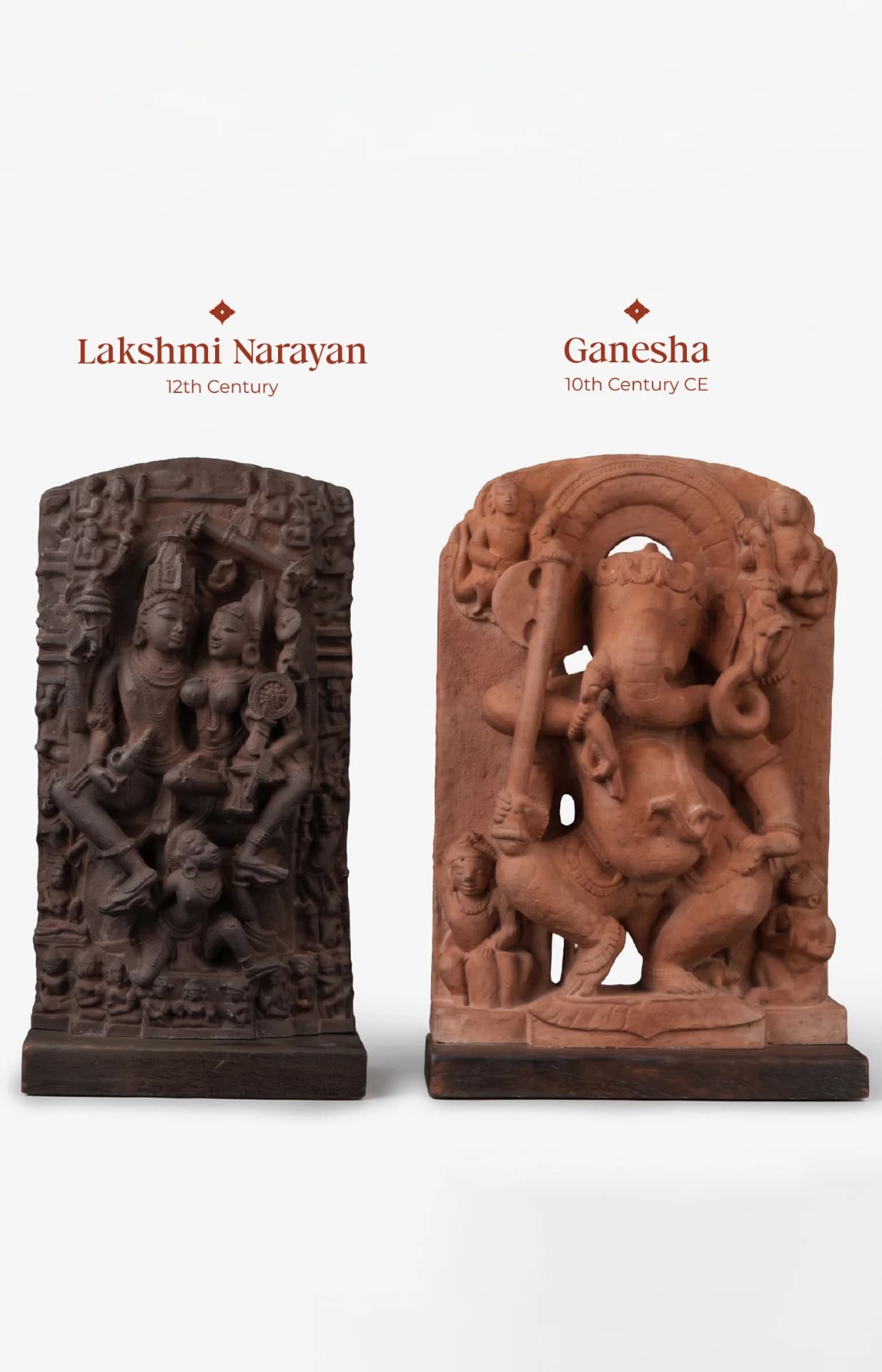 The Ganesha & Lakshmi Narayan Museum Masterpiece Replicas displayed side-by-side, showcasing intricate terracotta-style stone carvings on wooden bases.