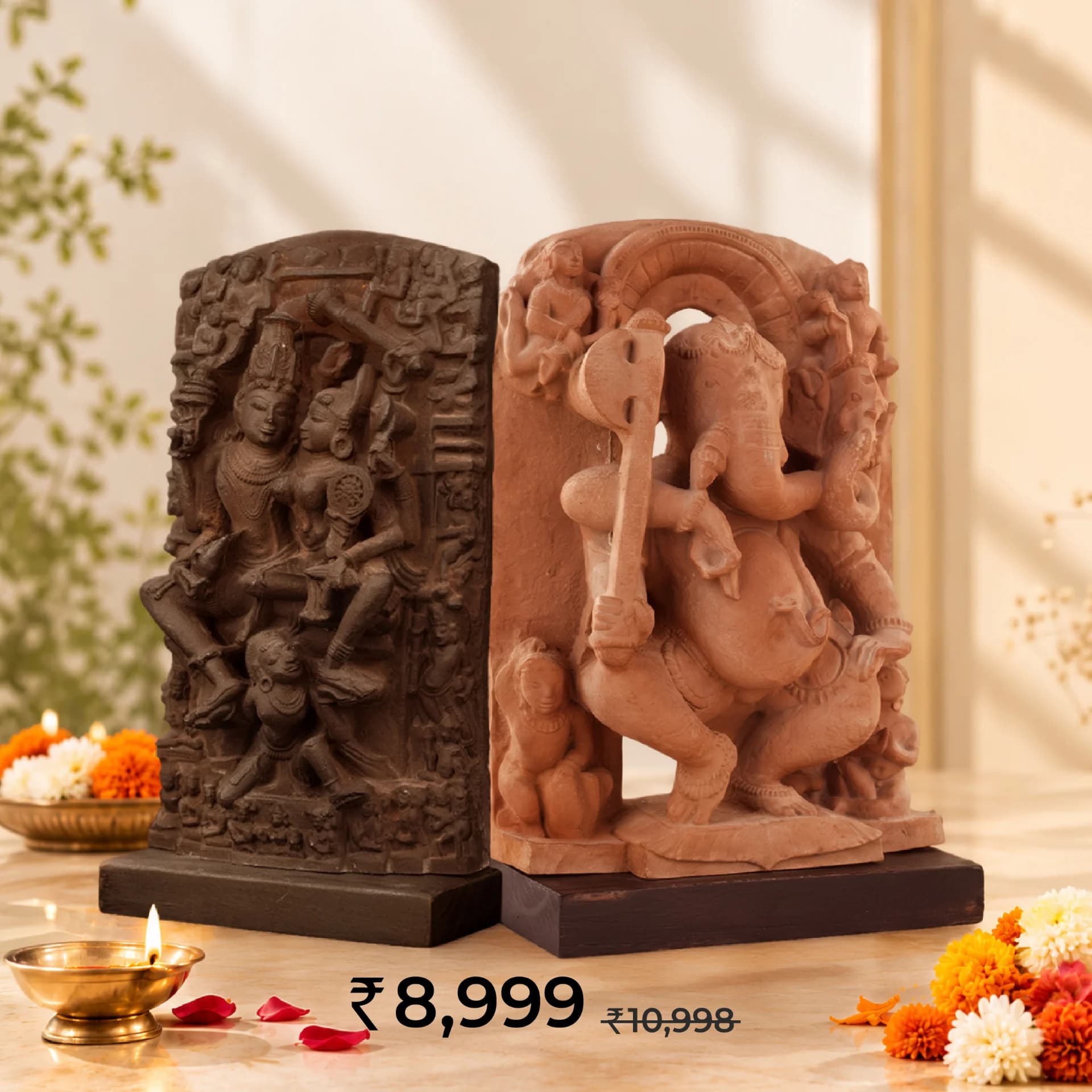 The Ganesha & Lakshmi Narayan Museum Masterpiece Replicas displayed together, featuring intricate sandstone-style carvings on dark wooden bases.