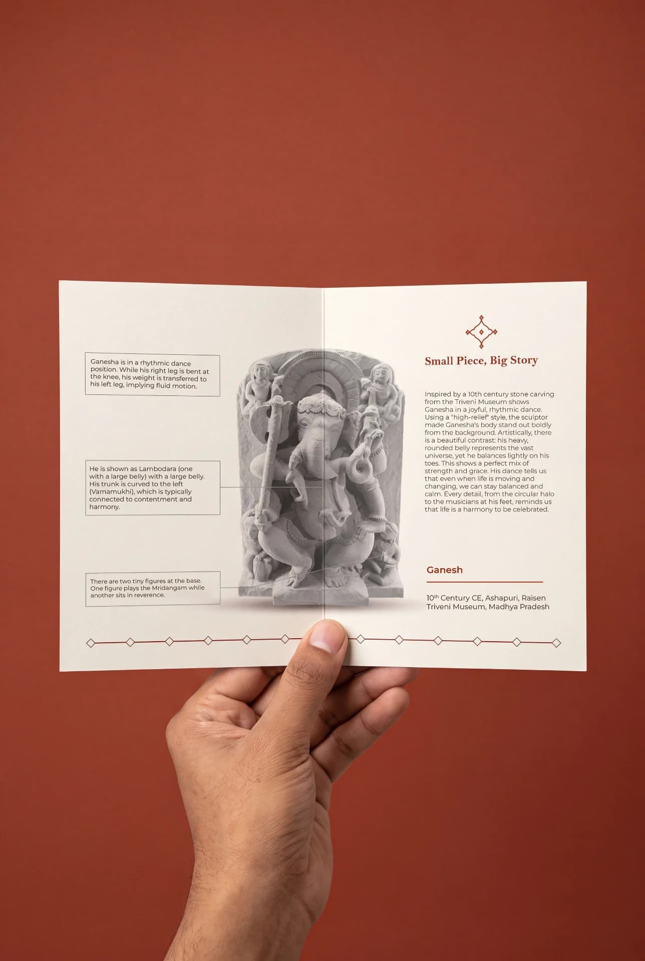 A hand holds an informational brochure featuring the Ganesha Sculpture museum replica with detailed text and anatomical annotations.