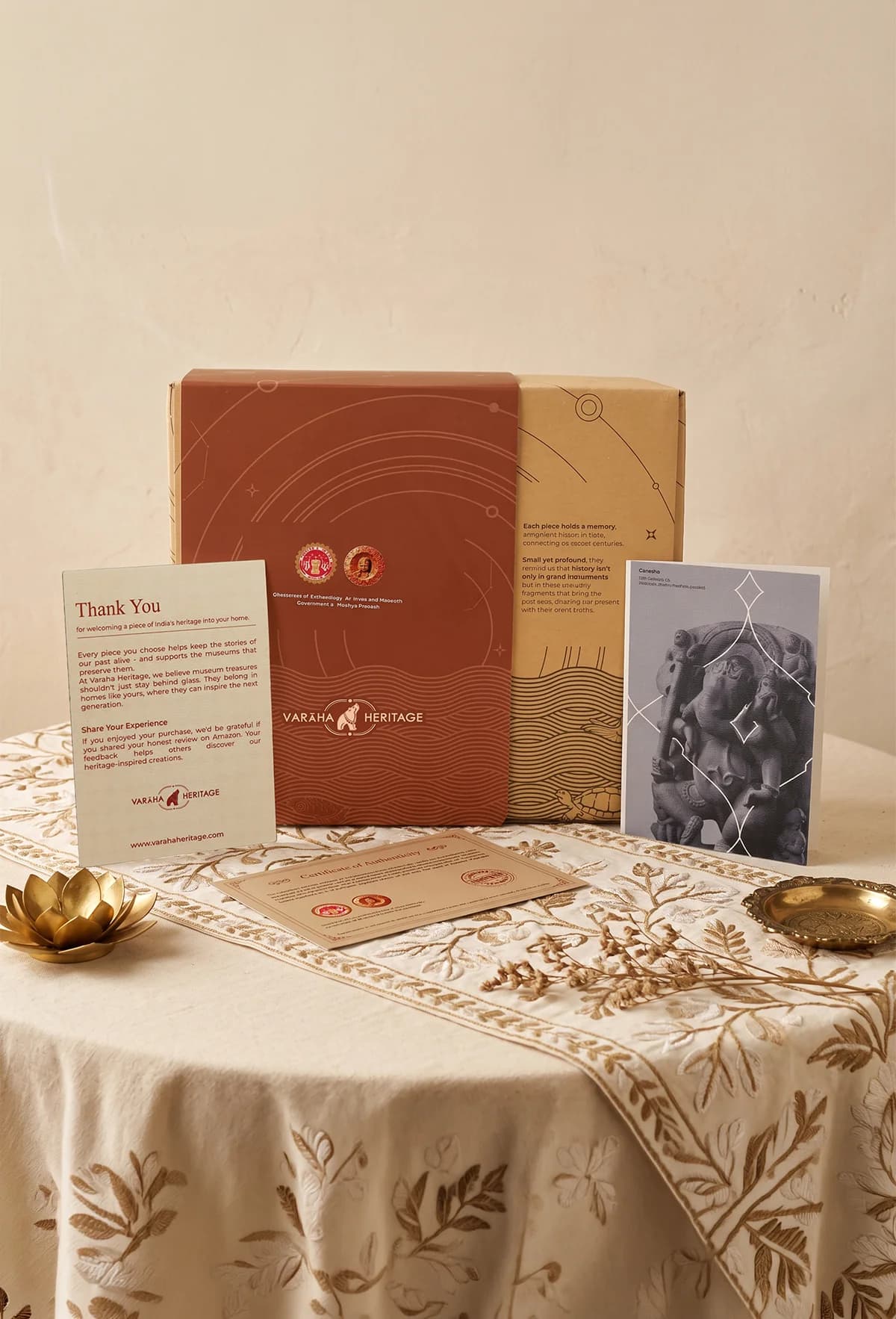 The Ganesha Sculpture museum replica packaging set includes a branded box, certificate of authenticity, and an informational card.
