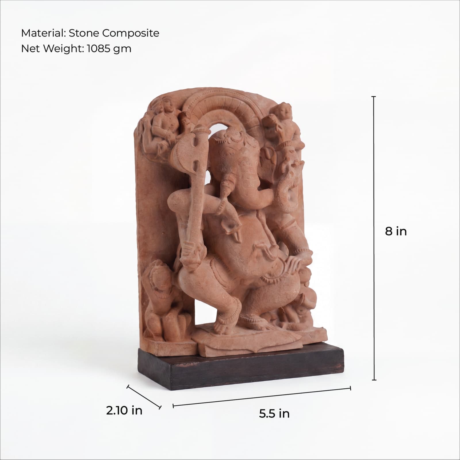 A three-quarter view of the Ganesha Sculpture, a stone composite replica showing detailed temple art with measurement lines.