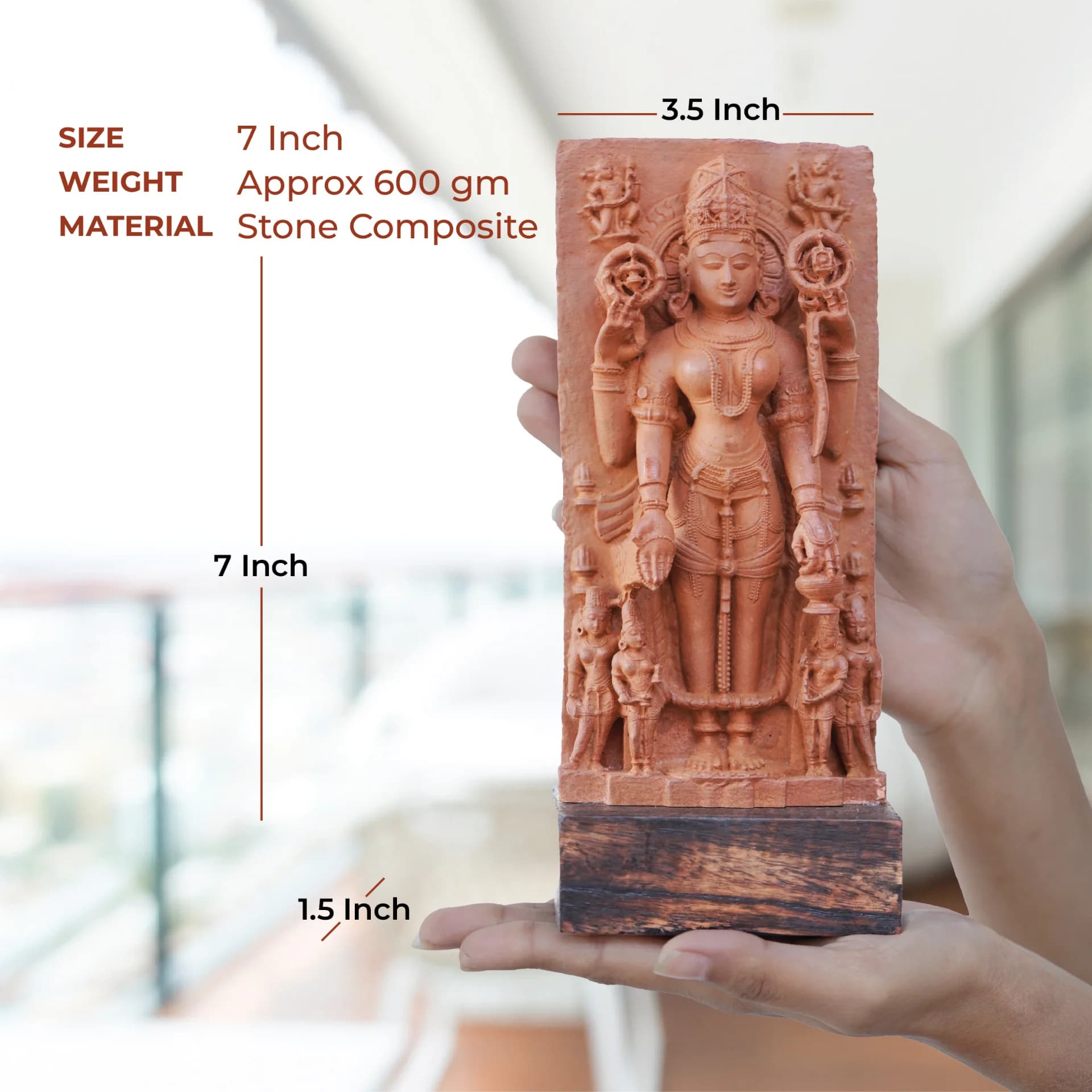 A person holds a Gauri Parvati Sculpture stone composite replica, displaying its dimensions and intricate Pratihara art details.