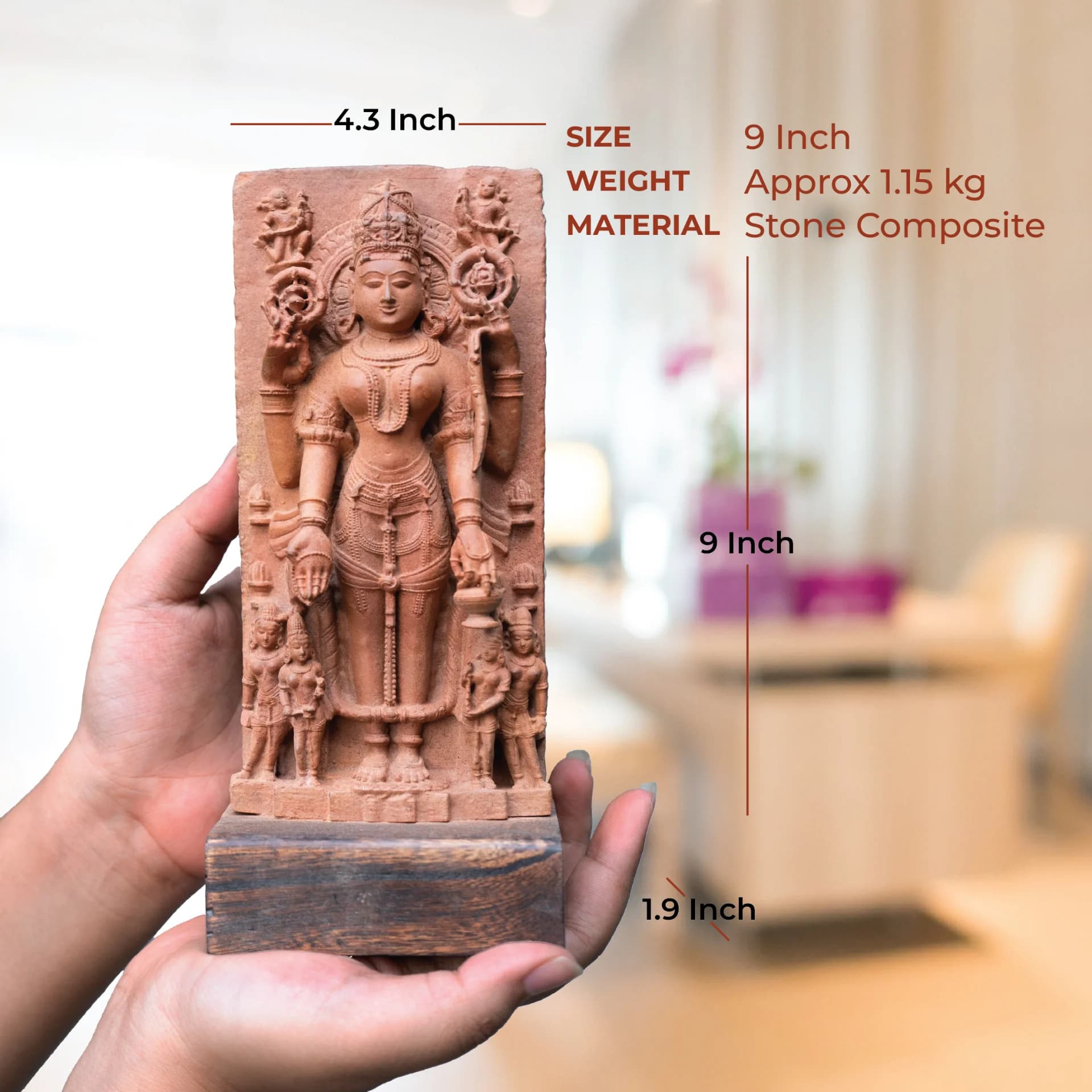 Hands holding the Gauri Parvati Sculpture, a stone composite replica showing dimensions and weight for scale and size reference.