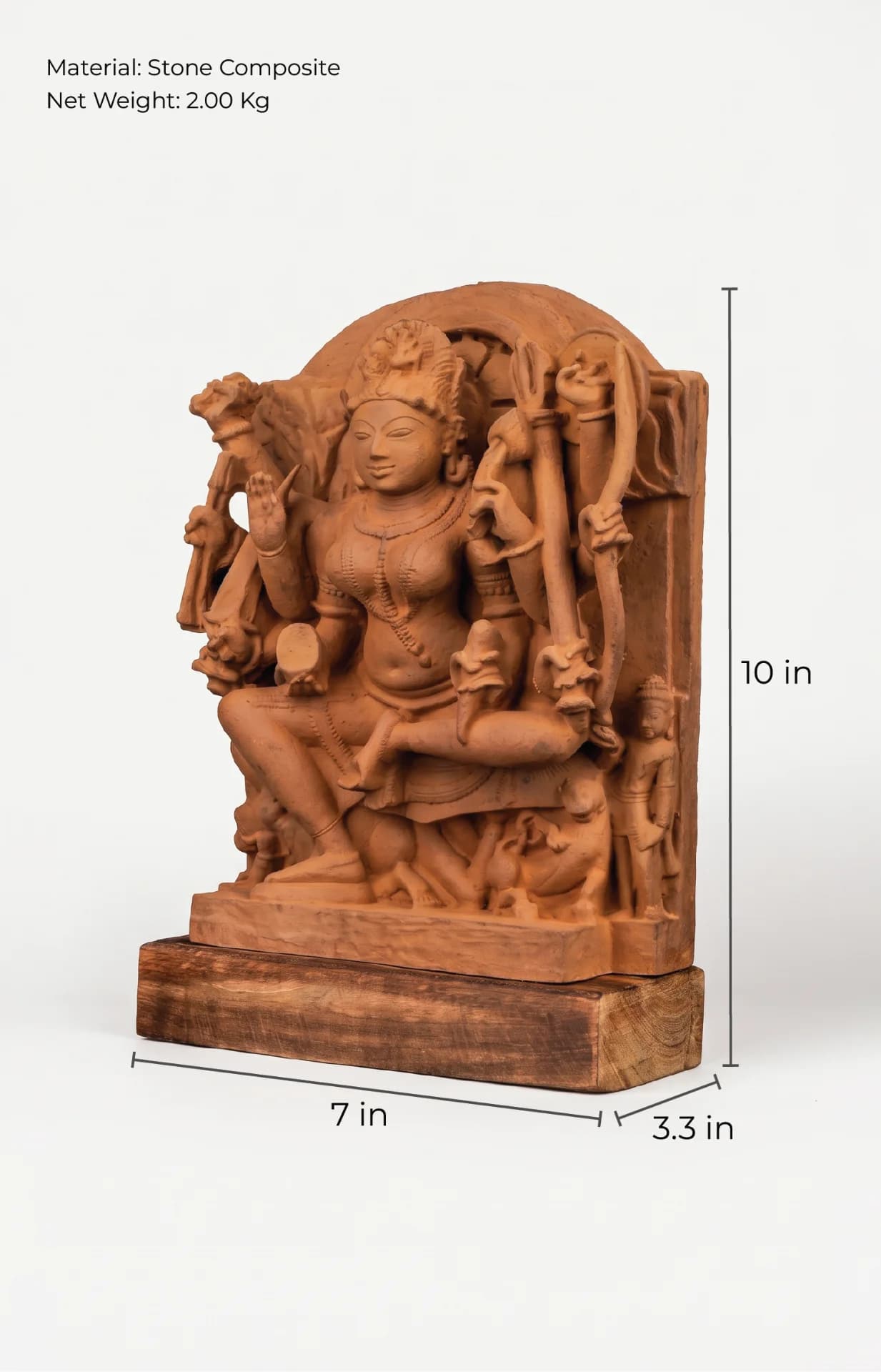 A three-quarter view of the Goddess Durga Sculpture, a hand-finished stone composite replica showing detailed carvings and dimensions.