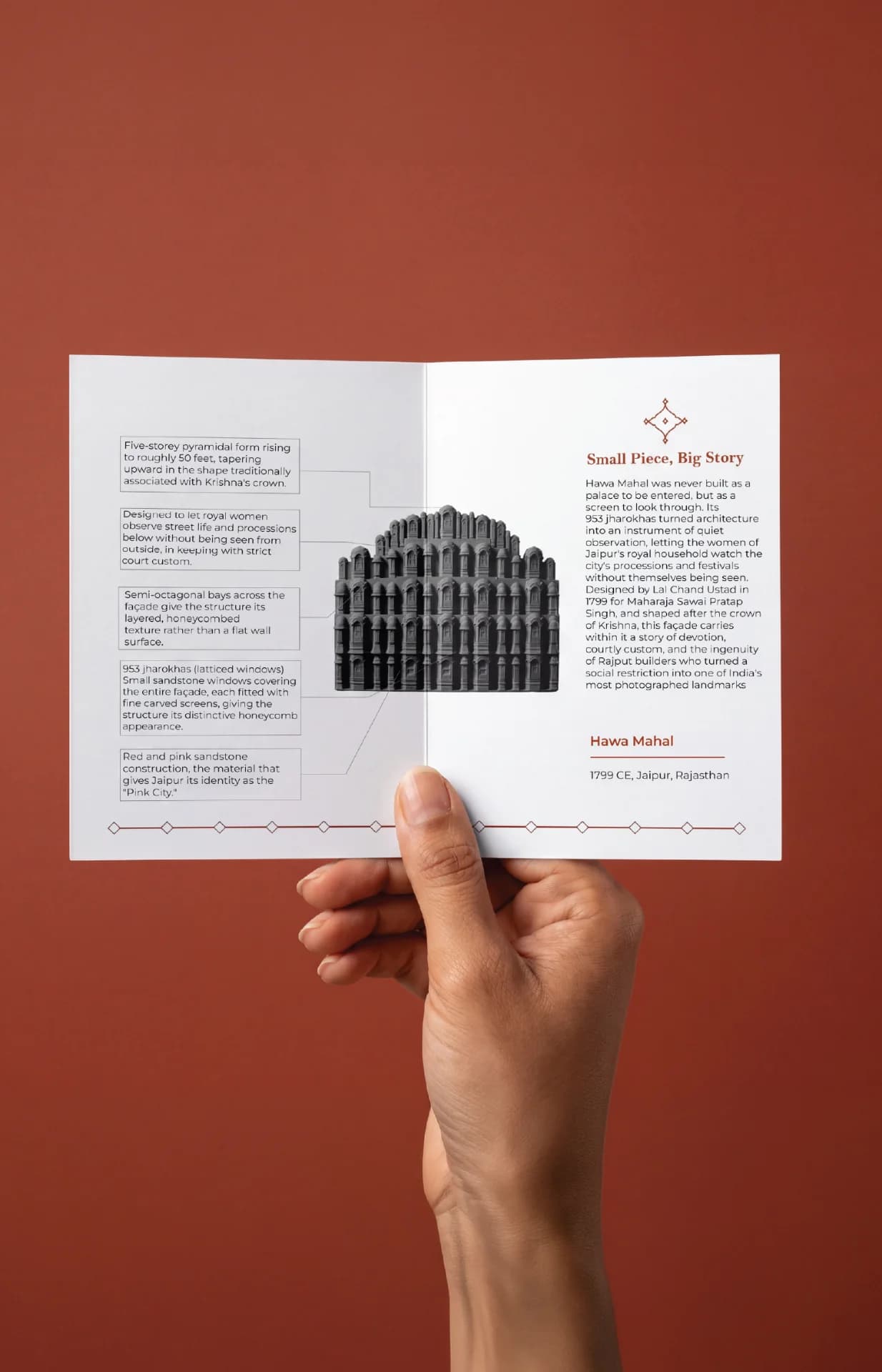A hand holds an informational brochure about the Hawa Mahal Facade Sculpture, featuring detailed architectural diagrams and historical context.