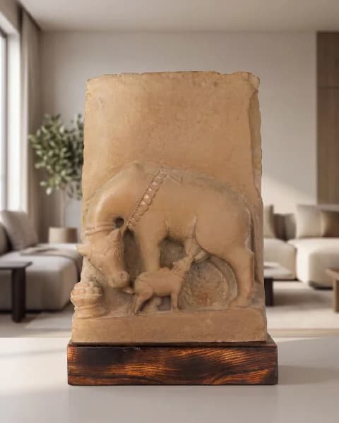 A front-view of the Kamdhenu Sculpture, a stone composite museum replica showing a divine cow nursing her calf.