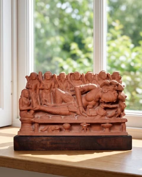 A terracotta-style Krishna's Birth Sculpture sits on a wooden base, depicting Devaki and attendants in intricate relief.
